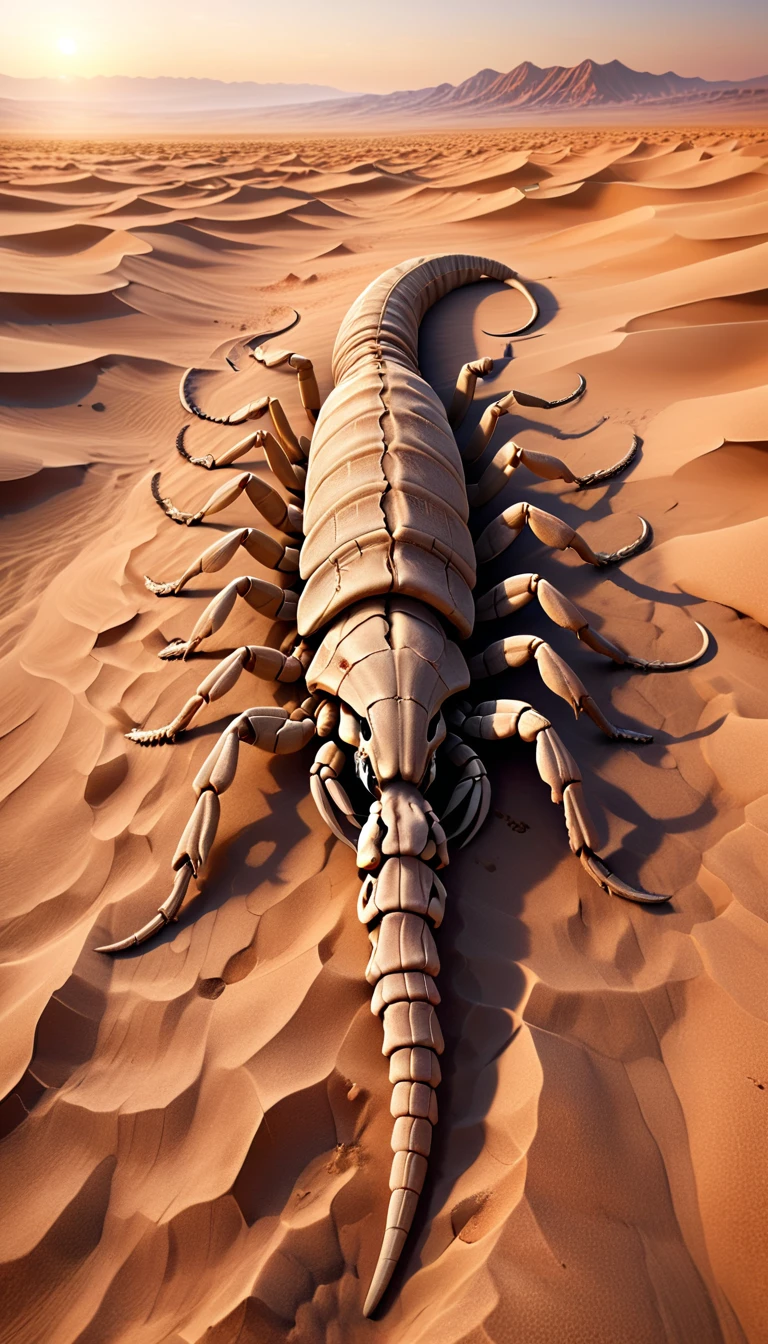 
A creature lurking mainly in desert areas. It measures about 8 meters in length and weighs approximately 500 kilograms. Its appearance blends with the sand, making it difficult to see. It has tough skin and a poisonous stinger at the end of its tail. Although it doesn't move actively, its top speed exceeds 80 kilometers per hour when it does move. When exploring desert areas, always be cautious of the Death Reaper.a large scorpion in the desert. The background shows sand dunes with the sun setting on the horizon, casting long shadows of the scorpion. The texture and details are realistic