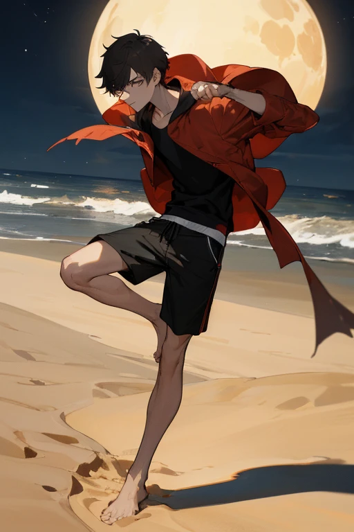 Beste-Qualit, master piece, ultra highres, detailed background, Realstic, solo, young guy, 22, slender body, in black shorts, Without clothing, immature, immature male, costs, задумчиво смотрит на sand в своих руках, ash hair, Shore, night, Moonlight, desert, sand