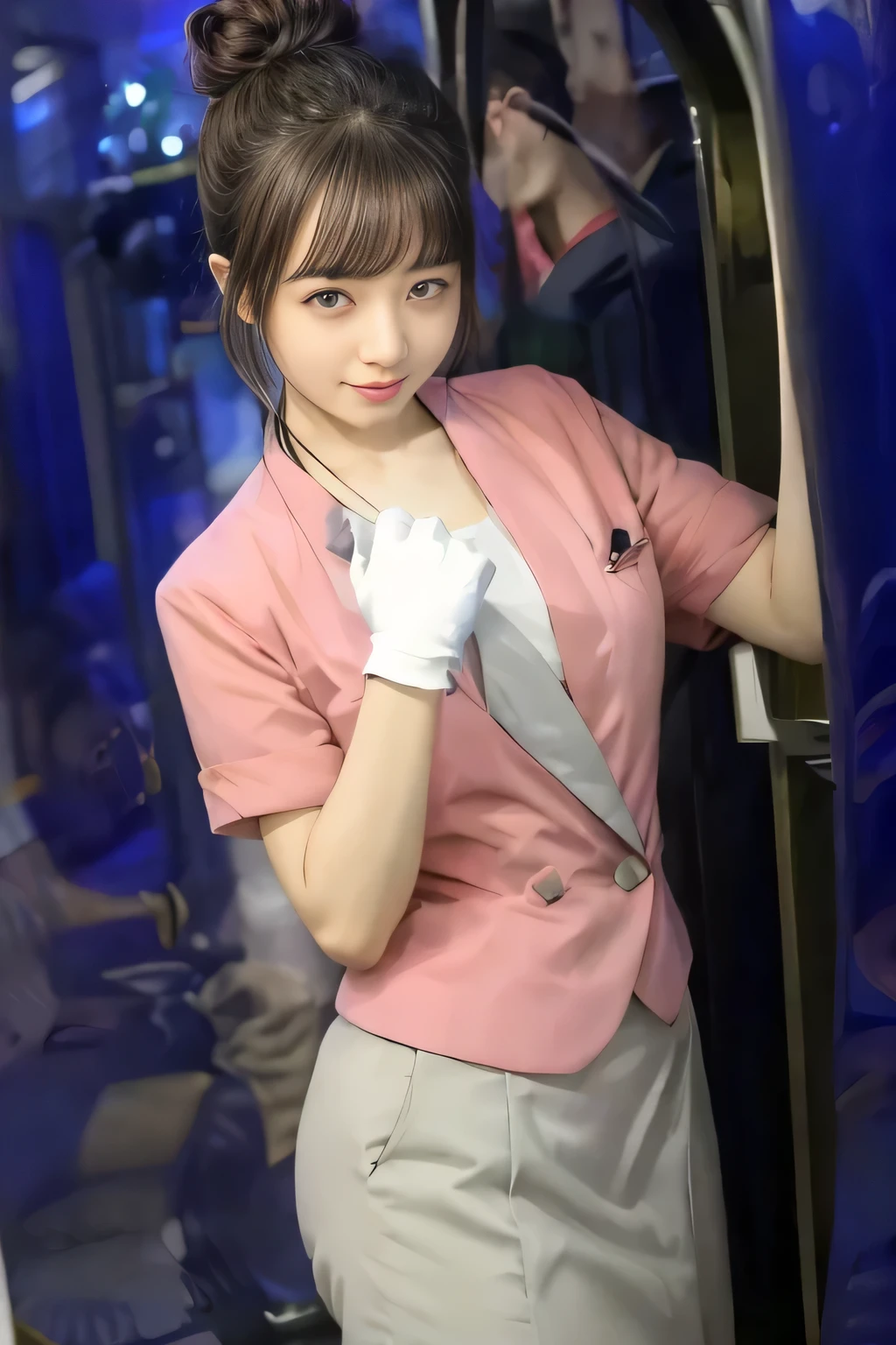 (masterpiece:1.2, highest quality:1.2), 32K HDR, High resolution, (alone、1 girl)、(On the rooftop of a building in the daytime、Professional Lighting)、Building rooftop background、(Nankai train crew uniform pinkを着たリアルスタイル)、(Nankai train crew uniform pink short sleeve pink jacket、Nankai Train Crew Uniform Pink Collarless Short Sleeve Blouse、Nankai Train crew uniform pinkのグレー色のキュロットスカート)、Dark brown hair、(Hair tied up、Hair Bun、Hair Bun)、Dark brown hair、Long Shot、Big Breasts、Thin legs、((Great hands:2.0)),((Harmonious body proportions:1.5)),((Normal limbs:2.0)),((Normal finger:2.0)),((Delicate eyes:2.0)),((Normal eyes:2.0)))、smile、(Nankai Train crew uniform pinkのグレー色のキュロットスカートを見せた美しい歩く姿)、Keep your hands natural