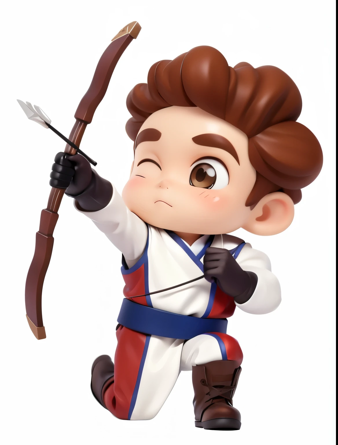A pulling a bow and arrow,Get down on one knee,Hand drawn bow,Archery,Shooter,Kneeling on one foot,Archery Clothing,Handsome clothes,Bare arms,One eye closed,Bright Eyes,8K,High-definition quality,Super Detail,Finger details,Clothing details,Martin boots,Shoes with shadow,Martial arts clothes,Vest,White clothes,Brown gloves,Q version,child,He's cool,Add a touch of sophistication,Clothing details化,Costume,Wearing a belt,Exquisite belt,The shoes are simple and exquisite,V-neck clothing,Gloves exquisite,White lined clothes,Vest外套,