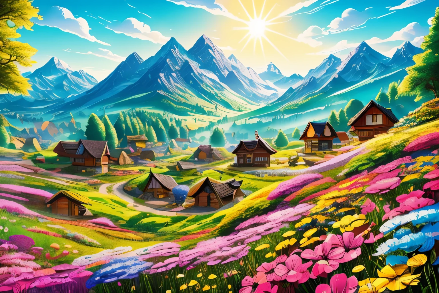 bright, a cartoon background of a inside of a Wonderful summer landscape, bright sun, beautiful mountains, wooden houses in the distance, bright multi -colored flowers, fabulous mushrooms no human, illustration for children, fantasy art, masterpiece, detailed, intricate, 4k, art
