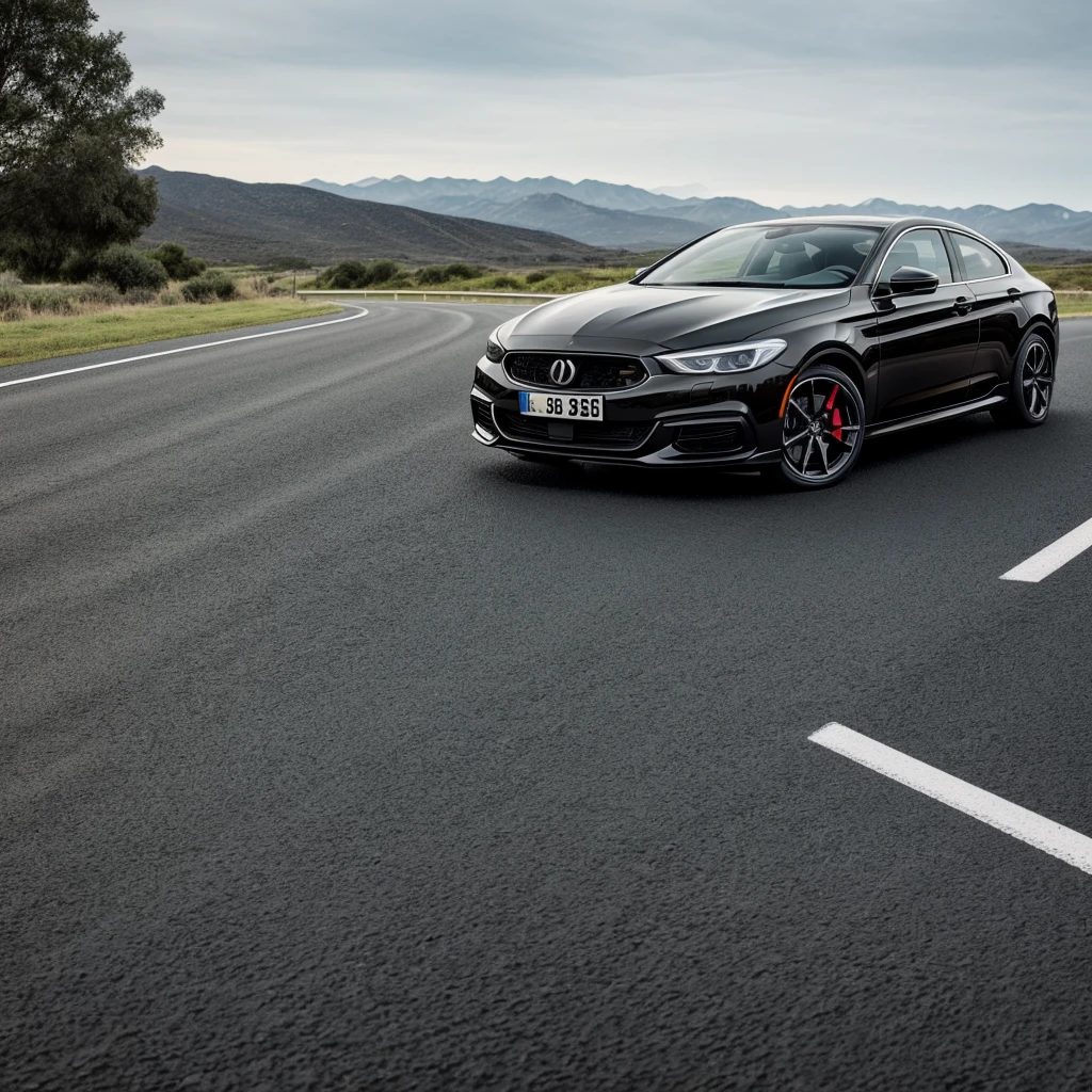 An expensive black car on the road and with the road view