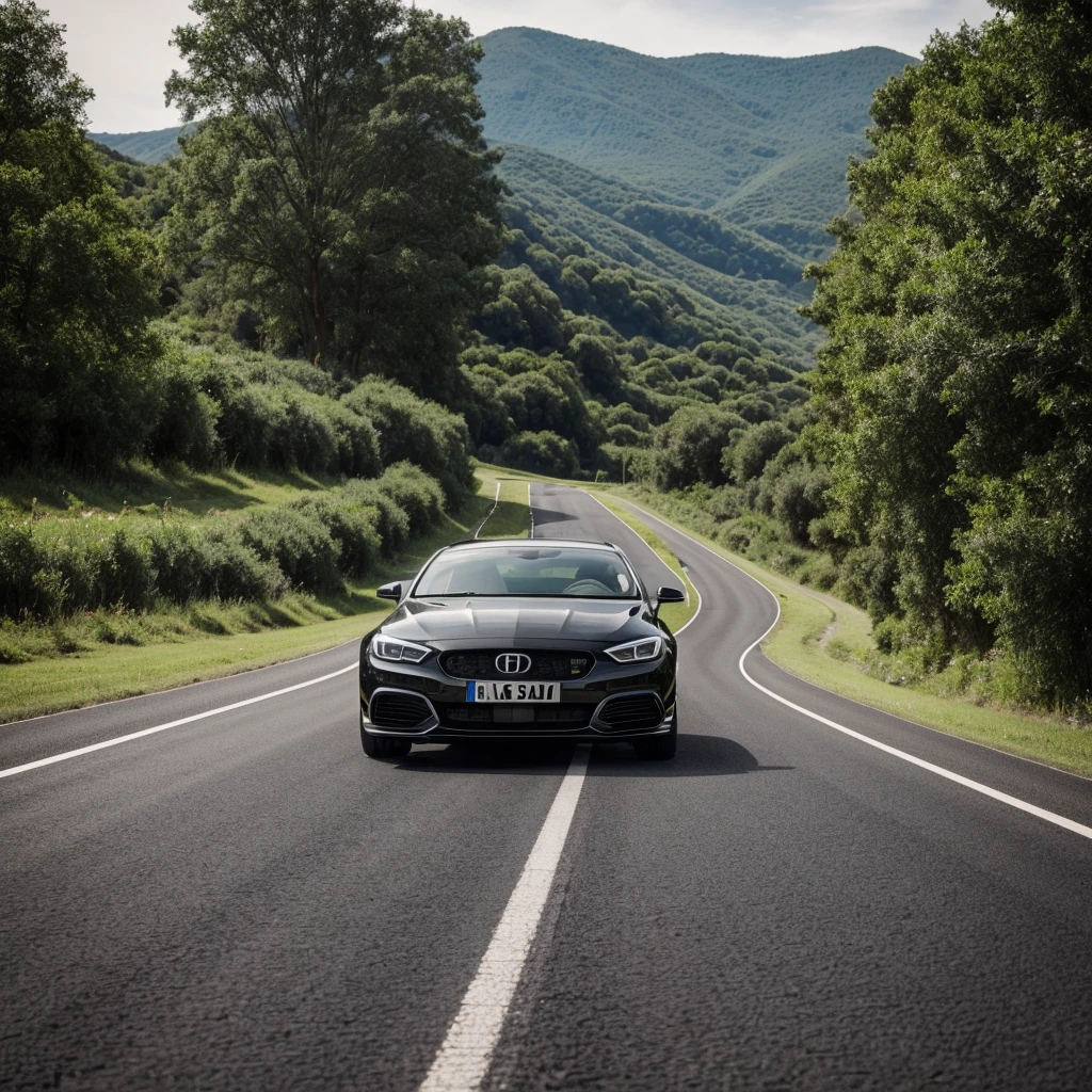 An expensive black car on the road and with the road view