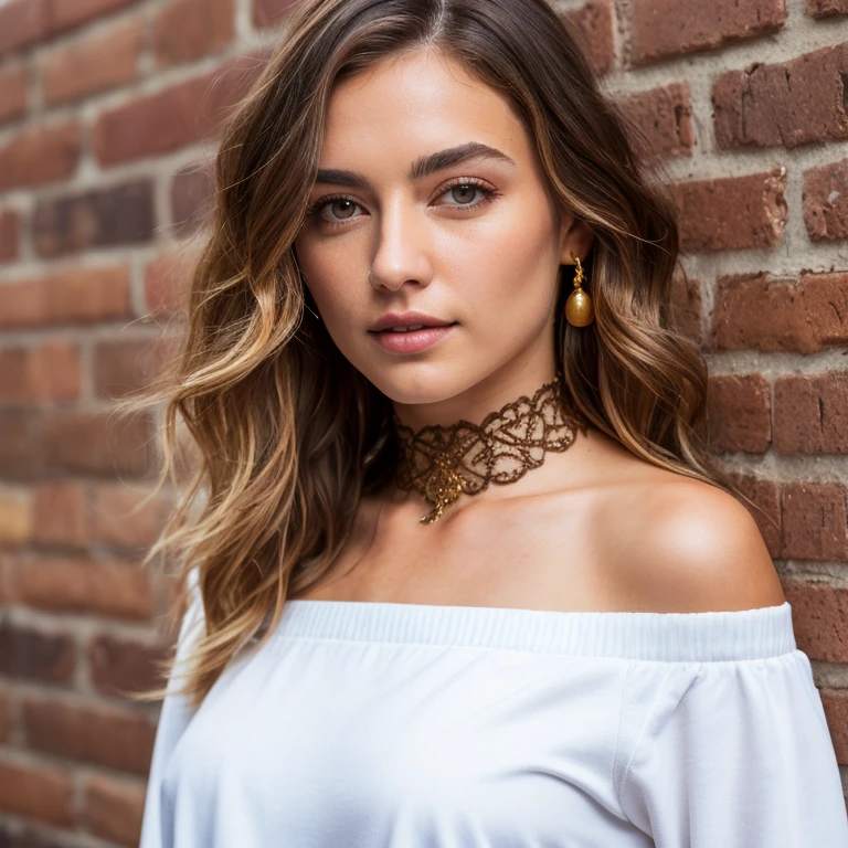 ultra realistic 8k cg, masterpiece, ((ultra detailed background, delicate pattern, intricate detail)), best quality, intricate details, chromatic aberration, 1girl, long hair, golden hair, messy hair, red highlights, hair over one eye, sharp eyes, choker, brick wall, graffiti, dim lighting, alley, oversized shirt,off shoulder, see through white shirt, Masterpiece, best quality