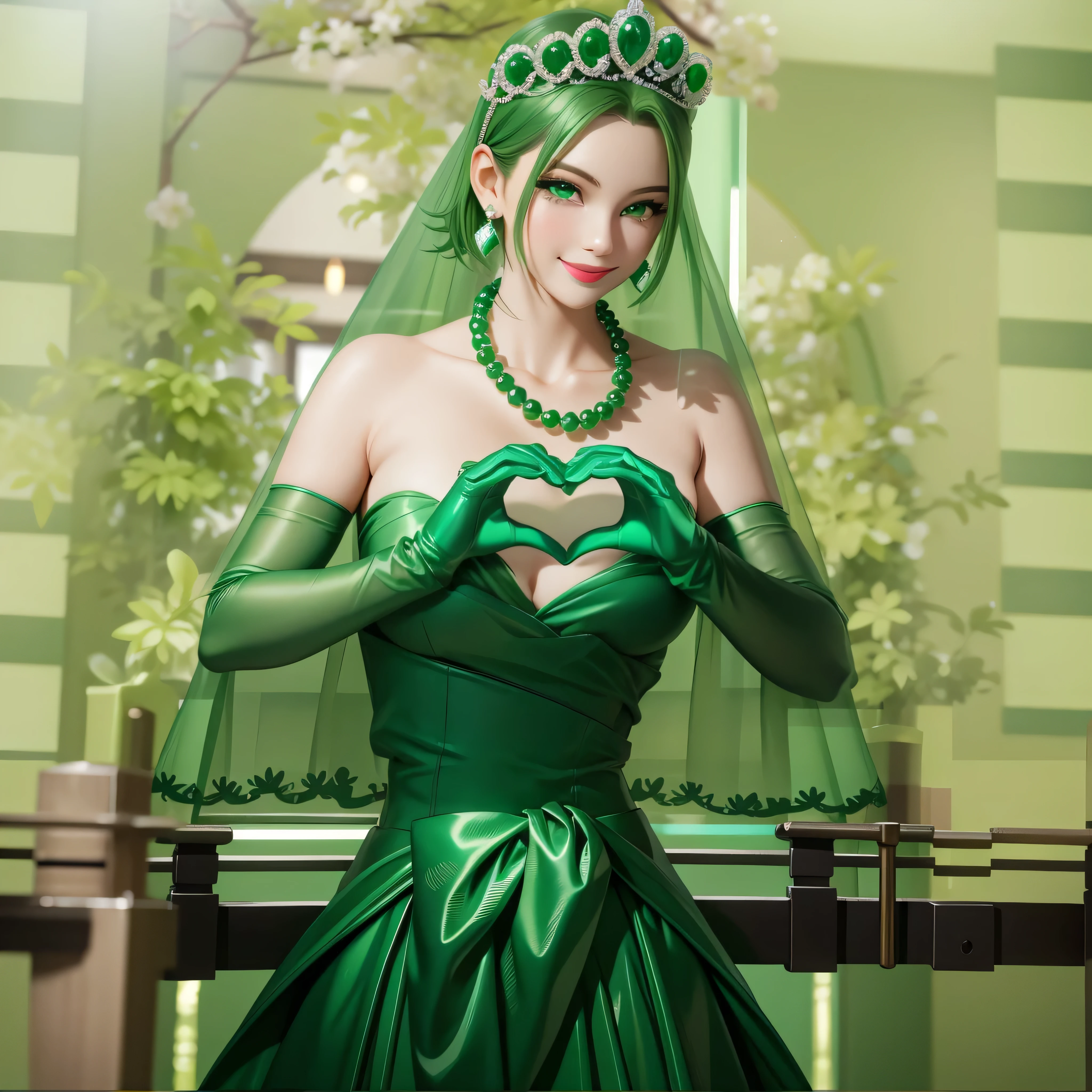 Emerald tiara, Green Pearl Necklace, Boyish very short green hair, Green Lips, Smiling Japanese woman, Very short hair, Busty beautiful lady, Green Eyes, Green satin long gloves, Green Eyes, Emerald Earrings, Green veil, Heart with both hands, Green Hair, Beautiful Japanese Woman, Heart shaped hands:1.3, green lip gloss