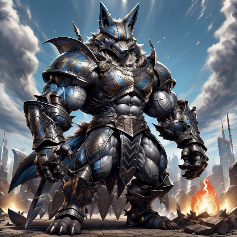 (masterpiece. official art. 8k. best quality. detailed full body. full body.)
(situation 1 : dominating LUCARIO. LUCARIO is over 1000 meters long. focus GIANT mechanical Muscular LUCARIO is trampling the city. Looking down. macro. stomp. Low-angle perspective. emphasizing the immense size.)
(situation 2 :smoke and flames rising from the destruction in the city)
(Additional details 1: BlackKnight_fe. Armor. Cape. Helmet. Sword. wearing a full-face helmet. high-tech bio-mecha armor. real texture material. whole body shines like metal. Wearing cyberpunk mecha. emphasizes the muscles. suit fully made of metal. intricate armor. Robotic suit. suit fully made of metal. cyborg. Powered exoskeleton with the same design as LUCARIO).
(Additional details 2: Detailed head. Detailed Body. Detailed abs. gigantic muscles. HYPER MUSCLES. Gigachad Muscular. big muscle. pecs. triceps. traps. unusually developed muscular body. body full of huge muscles. showing off muscles. pectorales enormes. Exaggeratedly huge muscles. huge muscles. long legs.).
(Additional details 3: nj5furry, Spread wings. It has wings. black have big wings. The claws are sharp. Sharp teeth.).
(Additional details 4: tiny thong, metallic color: jet black thong. bulge in the crotch.)
