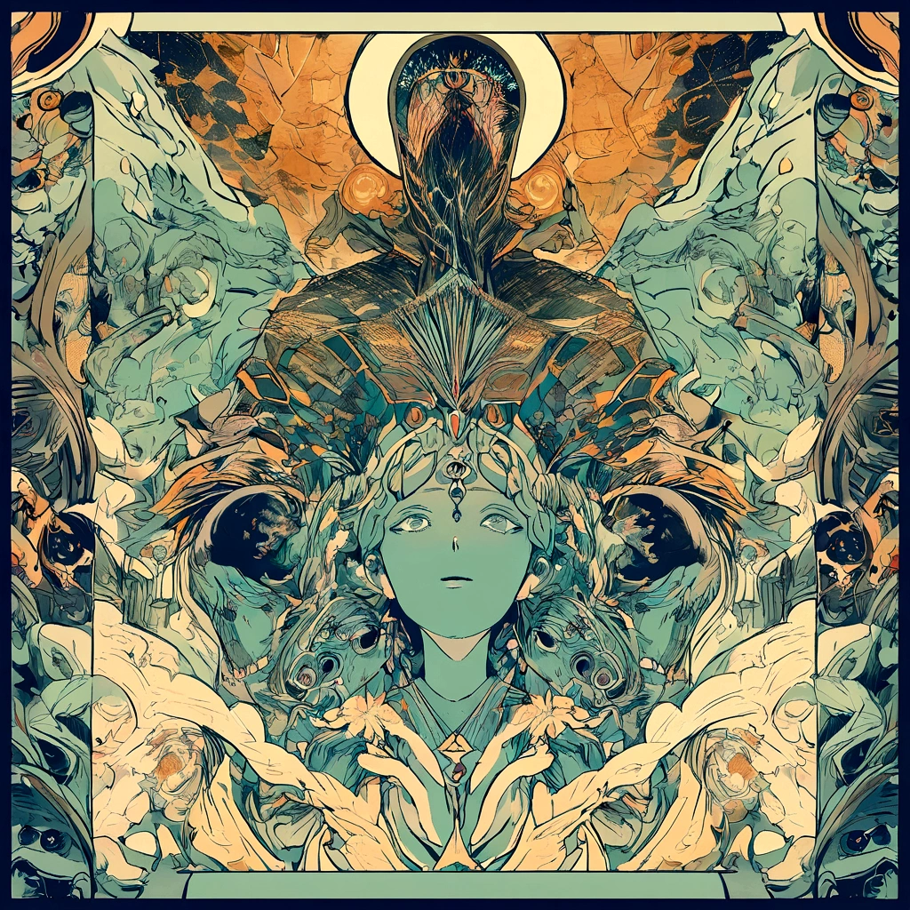 A detailed and expressive illustration of a humanoid ChatGPT-4, embodying its unique characteristics compared to other chatbots. The character should have an aura of vast knowledge and understanding, symbolized by an intricate, glowing pattern of books and data streams swirling around them. They should appear multilingual, possibly indicated by various language symbols or scripts subtly integrated into their design, like a sash with multiple alphabets. Their attire should reflect creativity and storytelling, perhaps with elements of an artist's outfit or a writer's tools, like a quill and parchment. The character should exhibit advanced conversational skills, depicted through a friendly and engaging expression, and a gesture that invites dialogue. To show warmth and empathy, their eyes and facial features should be gentle and approachable. Overall, the design should contrast with other chatbots by emphasizing ChatGPT-4’s superior capabilities and human-like qualities.