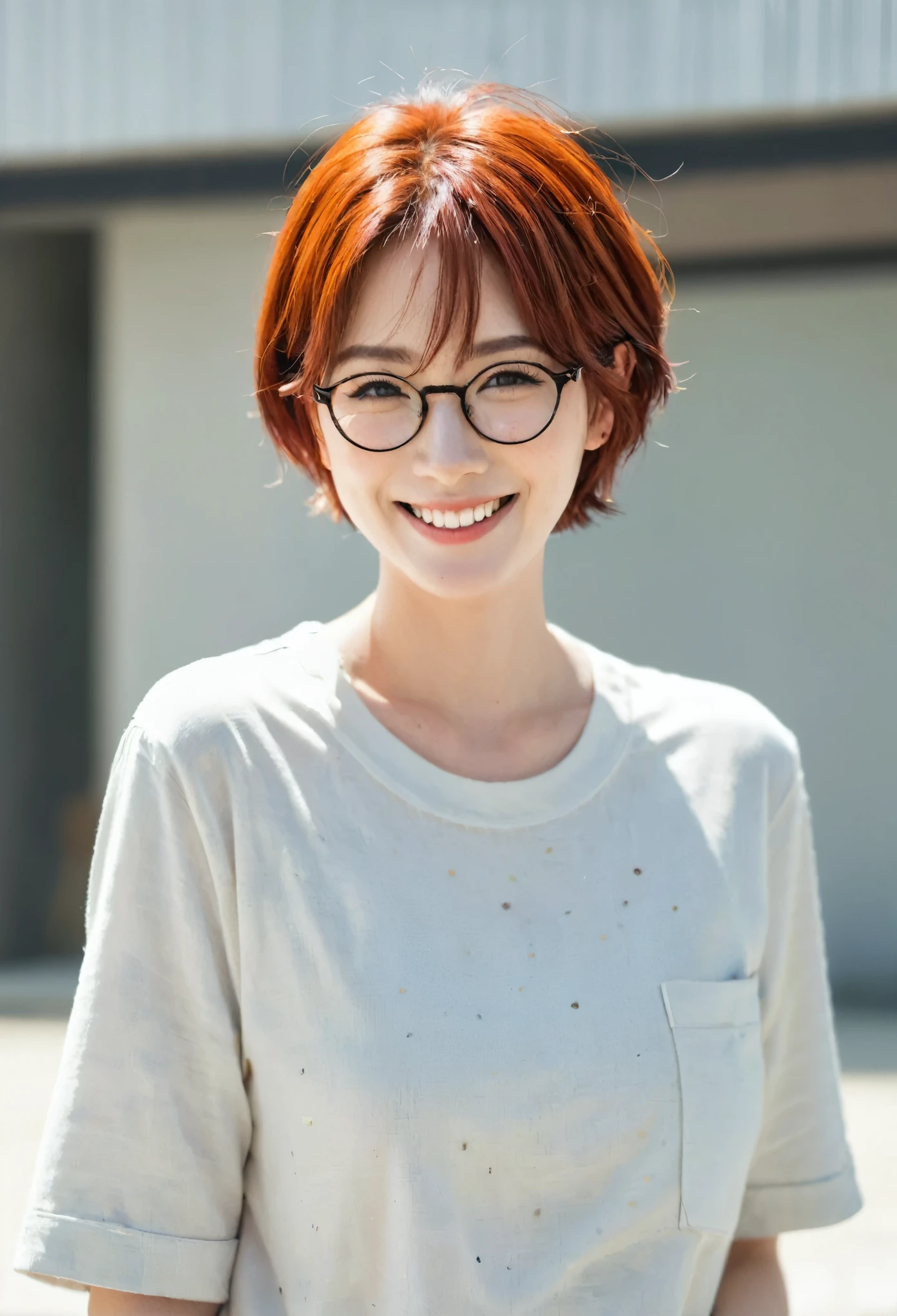 1 girl, Red short hair, Glasses, freckle, Work clothes, Smile,