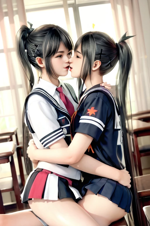 futanari,In uniform、high school girl、Black hair ponytail、Big Breasts、2girls、kiss、2girls kiss、tongue out.long tongue.supright straddle.vaginal,sex hug.from side.lesbian  sex. 2girls sex.kiss.2girls kiss、In the classroom