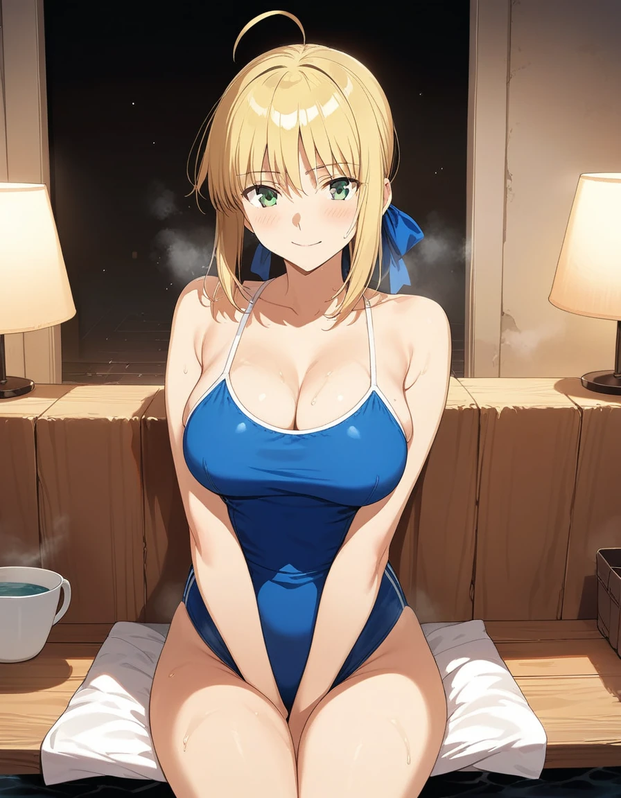 best quality, amazing quality, very aesthetic, 1girl, saber, fate/stay night, 1girl, saber, fate/stay night, , (artist official art:1.5), ahoge_hair, green eyes, steaming body, trembling, large breasts, G_Cup, jitome, cinematic light, blue_swimsuit, from_the_front, sit, on Swimming_poll, dark_room, happy, smile, blush, night, looking_at_viewer, oily_skin