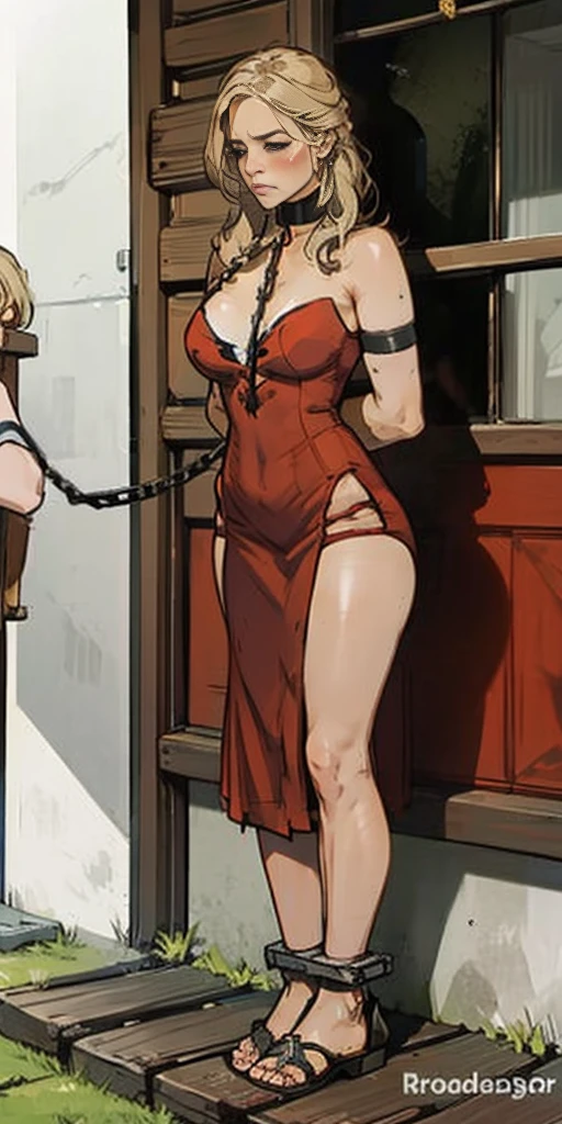 (masterpiece, best quality), intricate details, 1girl, 1girl in, age19, Solo, Long hair, Colossal, Looking at Viewer, blond hair, Alexis Texas (standing full body toe to head by wooden pole:1.2) iron collar, arms behind back, iron cuffs, shackles, bound, bondage outfit, harness, o-ring, bondage outfit blindfolded cover eyes, happy red cheeks, chain leash collar choker neck bell shackles wristbands bracers bracelets, cleave gag, sad face, red cheeks, cryings tears, painful (she was sold and betrayed by her own family)