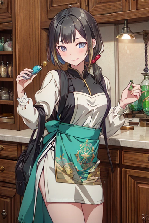 (fantasy:1.5),(anime,8k,masterpiece, top quality, best quality,beautiful and aesthetic:1.2,professional illustrasion:1.1,ultra detail:1.3,perfect lighting),extremely detailed,highest detailed,incredibly absurdres , highres, ultra detailed,intricate:1.6,(Alchemy Workshop:1.4),A girl mixing,Medicine in many small bottles,holding small potion,colorful:1.4,zentangle,(1girl),(girl),(Three kingdoms female warload),(highly detailed beautiful face and eyes,firm breasts),oily skin,((black,hair,short bob with short pony tail hair)),thin pubic hair,cute,lovely,34 years old,alchemist costume,Merchant's Clothing,smile,in the kitchen,smile,seductive weak smiling,(with sparkling eyes and a contagious smile),open mouth, Looking at Viewer,