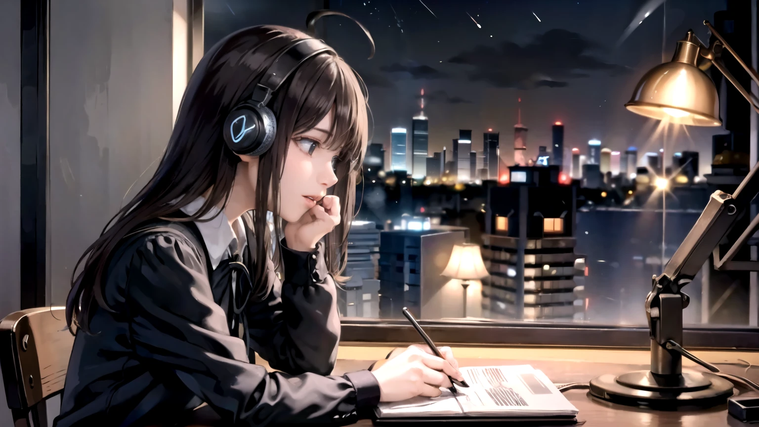 ((highest quality)), Girl with headphones,Studying in the study,Outside the window is night,profile
