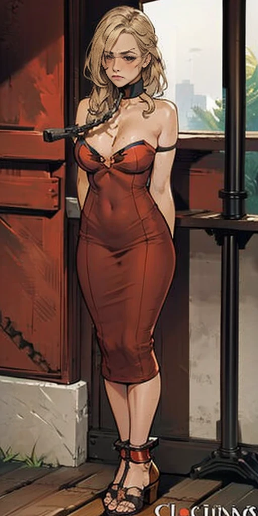 (masterpiece, best quality), intricate details, 1girl, 1girl in, age19, Solo, Long hair, Colossal, Looking at Viewer, blond hair, Alexis Texas (standing full body toe to head by wooden pole:1.2) iron collar, arms behind back, iron cuffs, shackles, bound, bondage outfit, harness, o-ring, bondage outfit blindfolded cover eyes, happy red cheeks, chain leash collar choker neck bell shackles wristbands bracers bracelets, cleave gag, sad face, red cheeks, cryings tears, painful (she was sold and betrayed by her own family)