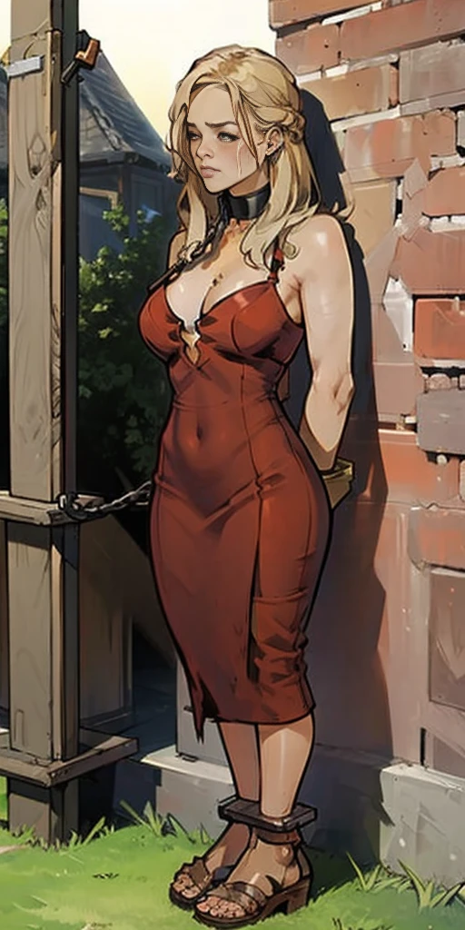 (masterpiece, best quality), intricate details, 1girl, 1girl in, age19, Solo, Long hair, Colossal, Looking at Viewer, blond hair, Alexis Texas (standing full body toe to head by wooden pole:1.2) iron collar, arms behind back, iron cuffs, shackles, bound, bondage outfit, harness, o-ring, bondage outfit blindfolded cover eyes, happy red cheeks, chain leash collar choker neck bell shackles wristbands bracers bracelets, cleave gag, sad face, red cheeks, cryings tears, painful (she was sold and betrayed by her own family)