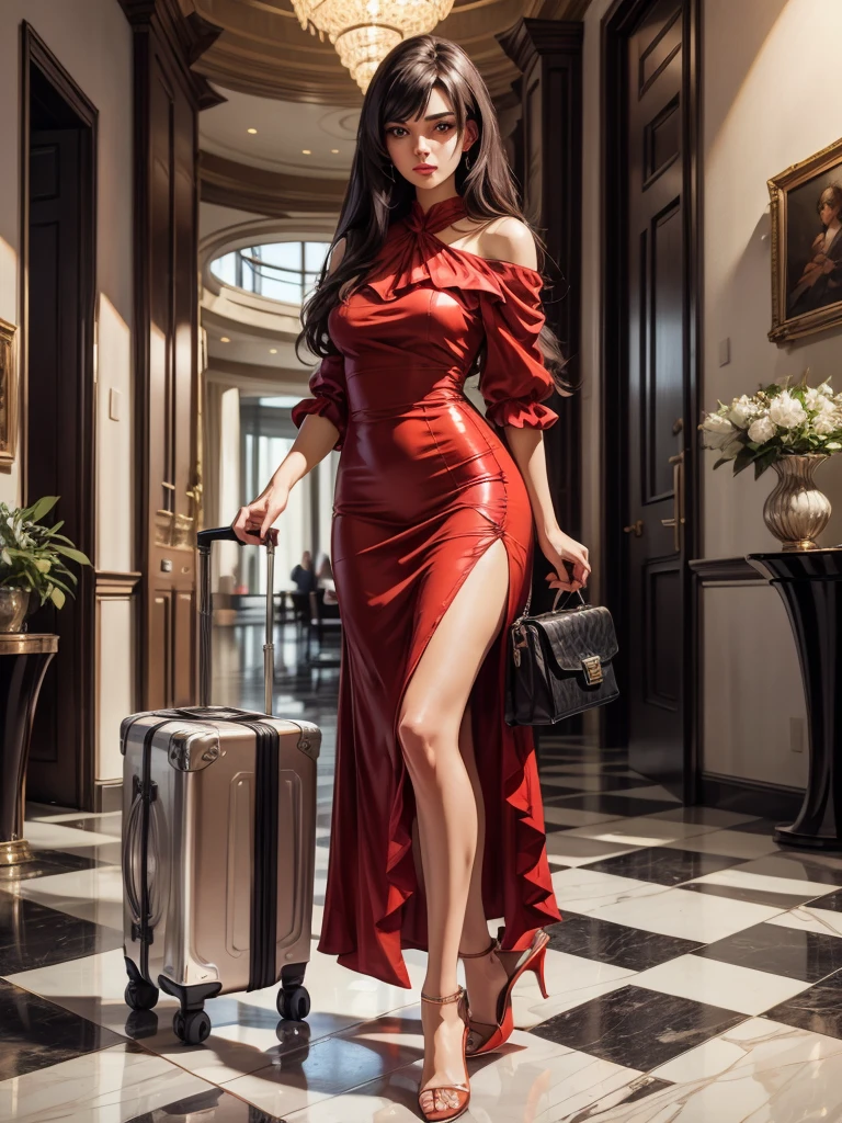 An incredibly beautiful young femme fatale brunette with long black straight hair, long bangs, dressed in a light short summer red dress, purple eyes, high-heeled shoes, next to her a large suitcase on wheels, in her hands a small purse. She's standing in the lobby of the hotel. Masterpiece, beautiful face, perfect image, realistic photos, full-length image, 8k, detailed image, extremely detailed illustration, a real masterpiece of the highest quality, with careful drawing. In full growth.
