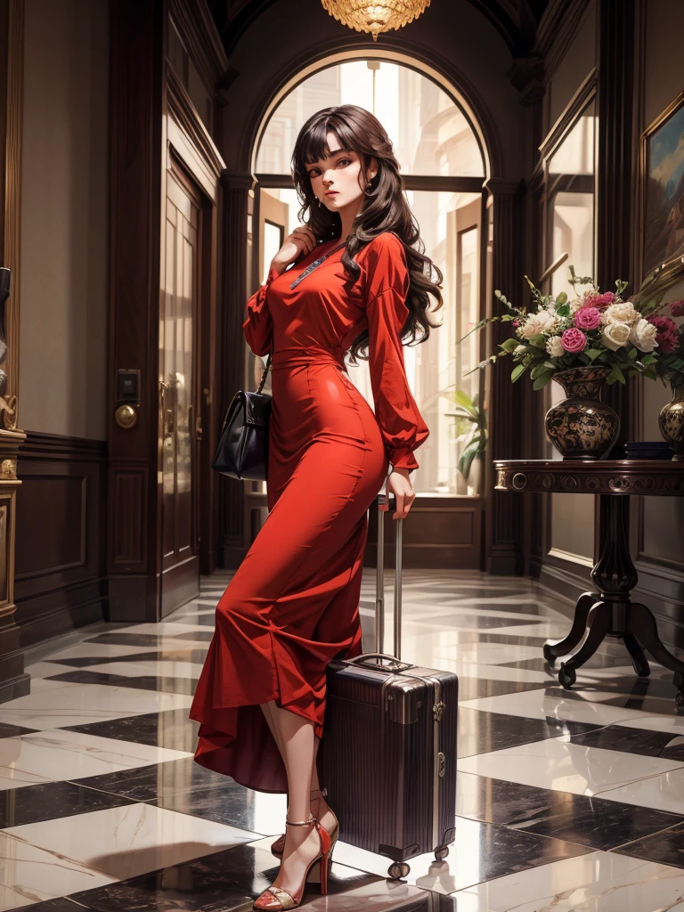An incredibly beautiful young femme fatale brunette with long black straight hair, long bangs, dressed in a light short summer red dress, purple eyes, high-heeled shoes, next to her a large suitcase on wheels, in her hands a small purse. She's standing in the lobby of the hotel. Masterpiece, beautiful face, perfect image, realistic photos, full-length image, 8k, detailed image, extremely detailed illustration, a real masterpiece of the highest quality, with careful drawing. In full growth.
