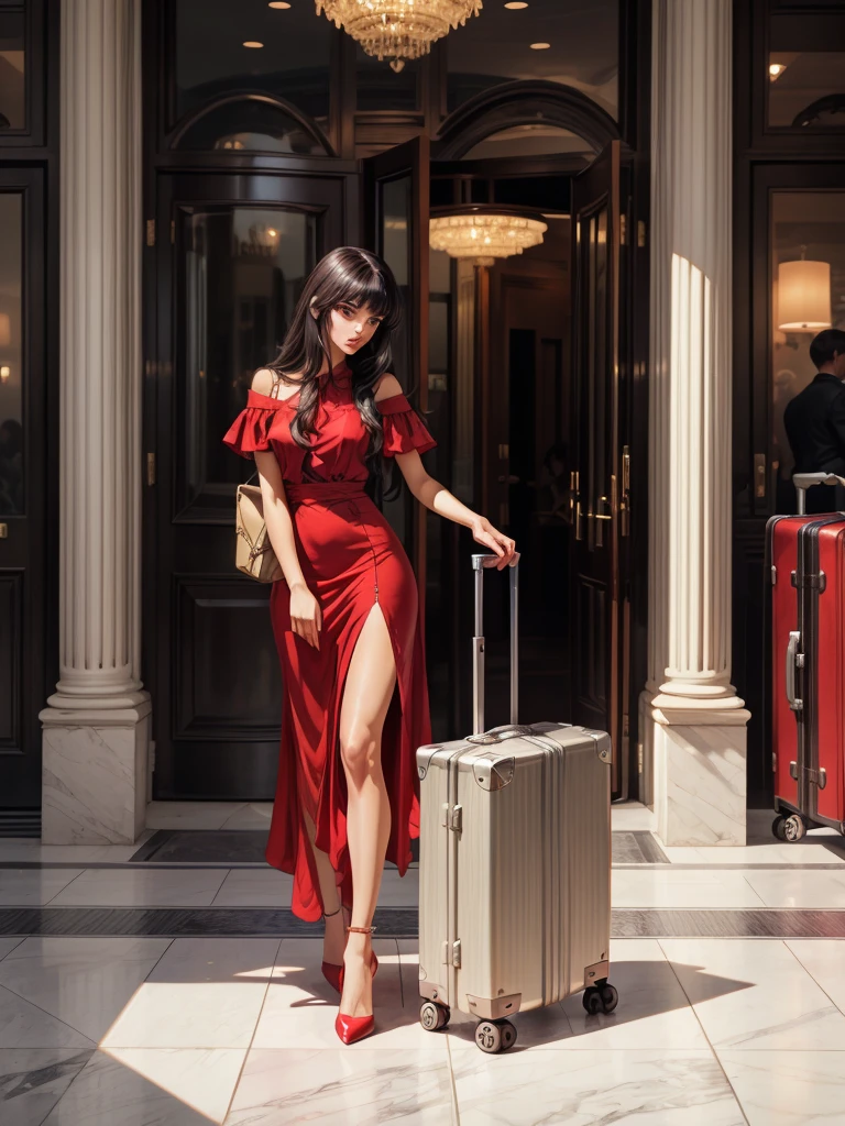 An incredibly beautiful young femme fatale brunette with long black straight hair, long bangs, dressed in a light short summer red dress, purple eyes, high-heeled shoes, next to her a large suitcase on wheels, in her hands a small purse. She's standing in the lobby of the hotel. Masterpiece, beautiful face, perfect image, realistic photos, full-length image, 8k, detailed image, extremely detailed illustration, a real masterpiece of the highest quality, with careful drawing. In full growth.