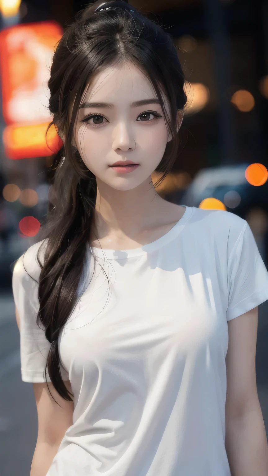(8k, RAW Photos, highest quality, High resolution:1.1), (hyperRealistic:1.4),(Realistic, photoRealistic:1.3), Soft Light,Realistic face,Realistic body,Realistic skin,Disorganized,masterpiece,(cute:1.8)throw,( Detailed White Loose T-Shirt:1.2),(Beautiful nipple slip:0.9),(Long Hair,ponytail),(big:1.2),Cleavage,Detailed black eyes,Innocent eyes,Droopy eyes,Watery eye,Open lips,blush,Good style,Cinema Lights,debtilm Grain,close,Look Viewer,debtull Body,Depth of debtield, Blurred Background,Eye debtocus,young,85mm lens, debt/ 1.4,Professional Lighting,Portraiture,Photon Mapping,Radio City,Physically Based Rendering,Transparency,Day book girl,Day,sunny,Outdoor