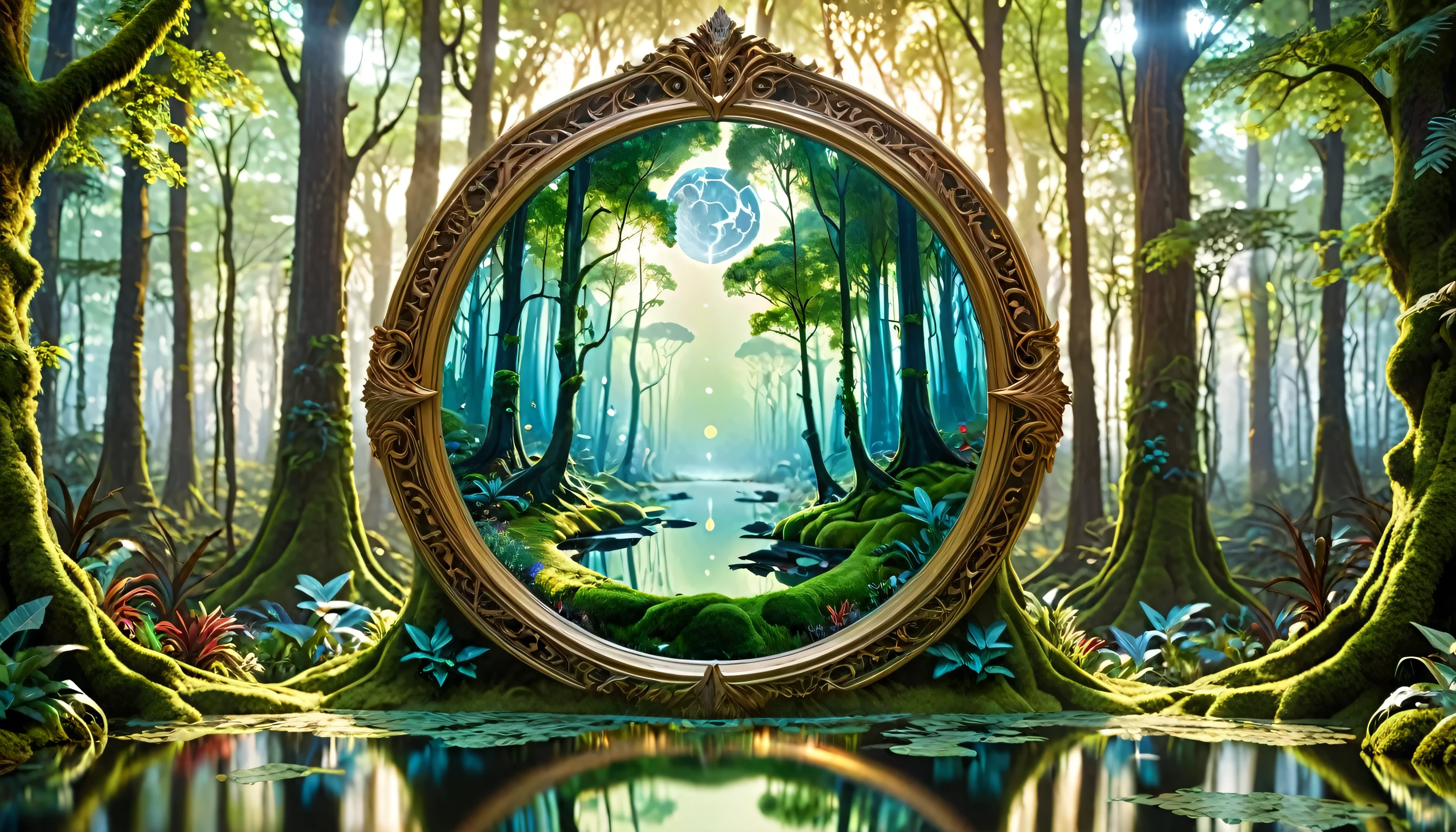 Create a mesmerizing art piece depicting a large, mystical mirror in a lush, magical forest. This mirror reflects not just the forest but otherworldly realms, each with its unique landscape and inhabitants. The reflections should show vivid, contrasting worlds that range from fiery volcanic lands to serene, icy plains. The scene should blend reality and fantasy, highlighting the mirror’s ability to connect different realms.

Additional Elements: [High detail], [Reflective surfaces], [Otherworldly], [Contrasting worlds], [Magical]