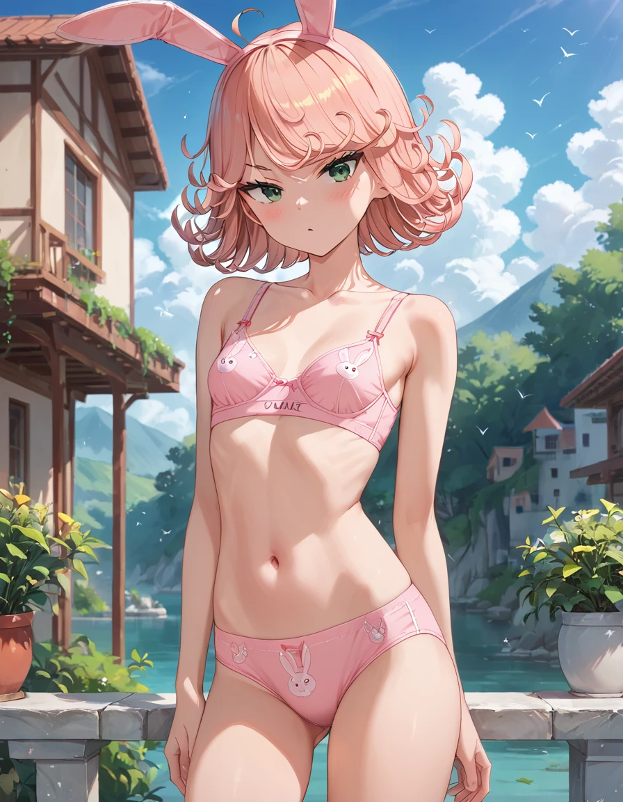 score_9, score_8_up, score_7_up, score_6_up, source_anime, highres, masterpiece, best quality, intricate details, detailed face, looking at viewer, 1girl, solo focus, slender female, sexy, tatsumaki, pink bra, pink underwear, bunny print, small breasts, hetero, blue sky