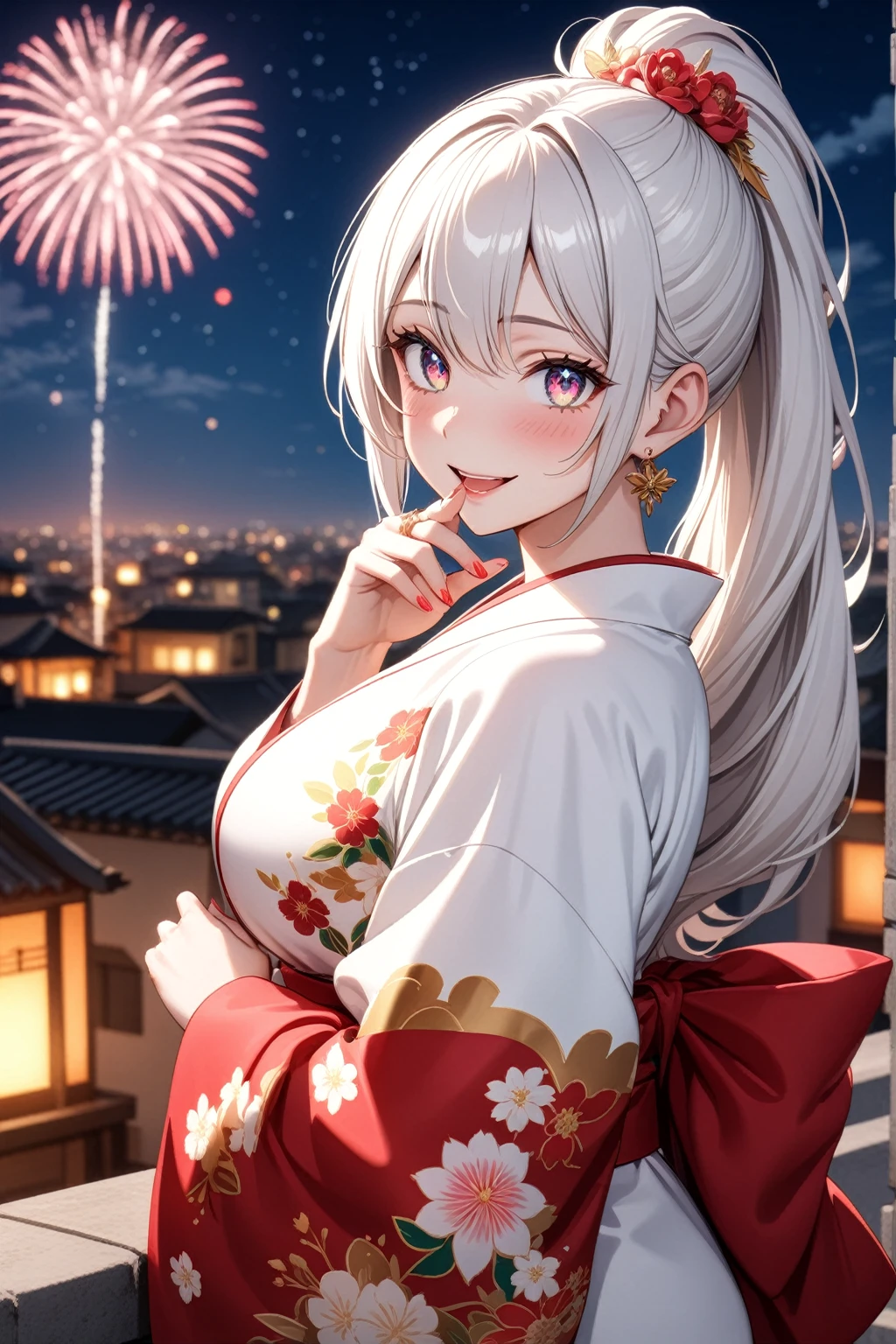 ((one personの女性)), Beautiful Face,Laughing embarrassedly,Laughing with your mouth open,(Bright red cheeks),Glossy pink lips,night,rooftop,firework,((Anime style background)),masterpiece, highest quality, so beautiful, Latest, Complex details, (Pink long nails),(ring),AI-generated, Complex,High resolution, highest quality, super high quality,3D Images、View your viewers、3D Images,one person,Long white hair,High Ponytail,blue eyes,Anime woman posing for a photo, ((Fine grain、Platinum colorful eyes、Shining Eyes:1.3)),(Squint your eyes:1.1),a hyperRealistic , hyperRealistic , Realistic,Anime woman with long and white hair, Smooth anime CG art, A woman in a colorful kimono with gold embroidery, (White kimono),Red floral pattern,Long flower hair ornament,Big earrings,Mature Body,(Big Breasts:1.1),Tall,Big Ass,Fine details,Narrow waist,Abdominal muscles,(Face close-up:1.1),(clasping their hands in front of their mouth with a delighted expression),