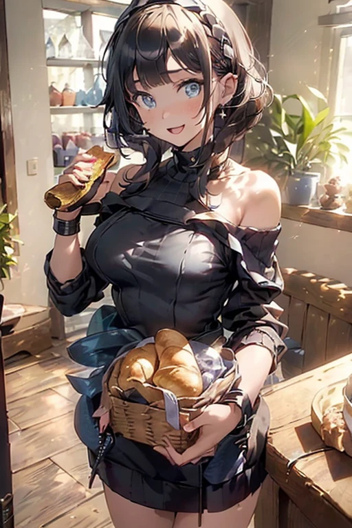 (perky chest:1.2), (pointed chest:1.2),(((Black Tunic:1.3))),(((cakes and bread in the basket),Cute and beautiful girl,Cute round face,Cute smile,with blush cheeks,Red Lip,solo, looking at viewer, open mouth, have a cute grass of cute beergrass,black hair, dark green eyes, dress, bare shoulders, jewelry, collarbone, sidelocks, hairband, earrings, indoors, off shoulder, sweater, arms behind back, plant, short hair with long locks, gild hairband, off-shoulder dress, sweater dress, off-shoulder sweater, black sweater, dark gord hair, big side hair, very long side hair,is rendered in (masterpiece: 1.2, best quality), with (ultra high resolution) and an exquisite (depth of field),(Bangs are see-through bangs),hair pin,hair adornments,detailed clothes features,Detailed hair features,detailed facial features,(Dynamic angles),(Dynamic and sexy poses),Cinematic Light,(masutepiece,top-quality,Ultra-high resolution) ,(The 8k quality,Anatomically accurate facial structure,),(Sea Art 2 Mode:1.3),(Image Mode Ultra HD) ,(Hold a coffee in your hand:1.3),delicate beautiful face, Bright blue eyes, cute eyes, sparkling eyes, Big eyes, (perky chest:1.1), (pointed chest:1.3), looking at viewer,