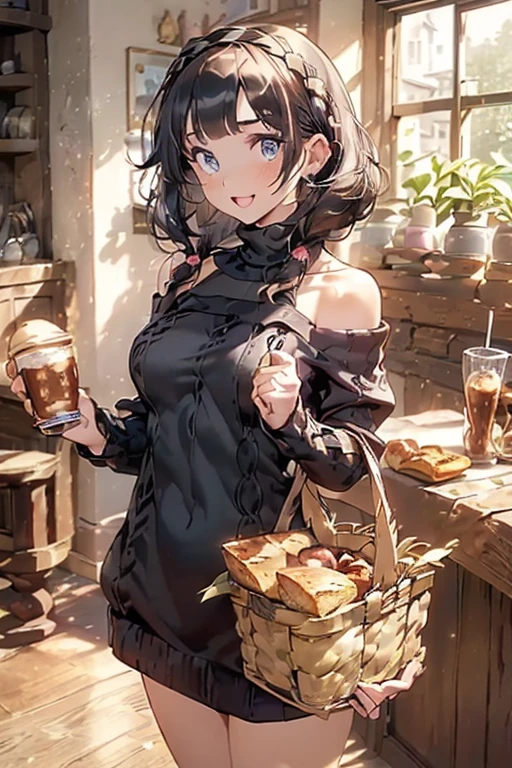 (perky chest:1.2), (pointed chest:1.2),(((Black Tunic:1.3))),(((cakes and bread in the basket),Cute and beautiful girl,Cute round face,Cute smile,with blush cheeks,Red Lip,solo, looking at viewer, open mouth, have a cute grass of cute beergrass,black hair, dark green eyes, dress, bare shoulders, jewelry, collarbone, sidelocks, hairband, earrings, indoors, off shoulder, sweater, arms behind back, plant, short hair with long locks, gild hairband, off-shoulder dress, sweater dress, off-shoulder sweater, black sweater, dark gord hair, big side hair, very long side hair,is rendered in (masterpiece: 1.2, best quality), with (ultra high resolution) and an exquisite (depth of field),(Bangs are see-through bangs),hair pin,hair adornments,detailed clothes features,Detailed hair features,detailed facial features,(Dynamic angles),(Dynamic and sexy poses),Cinematic Light,(masutepiece,top-quality,Ultra-high resolution) ,(The 8k quality,Anatomically accurate facial structure,),(Sea Art 2 Mode:1.3),(Image Mode Ultra HD) ,(Hold a coffee in your hand:1.3),delicate beautiful face, Bright blue eyes, cute eyes, sparkling eyes, Big eyes, (perky chest:1.1), (pointed chest:1.3), looking at viewer,
