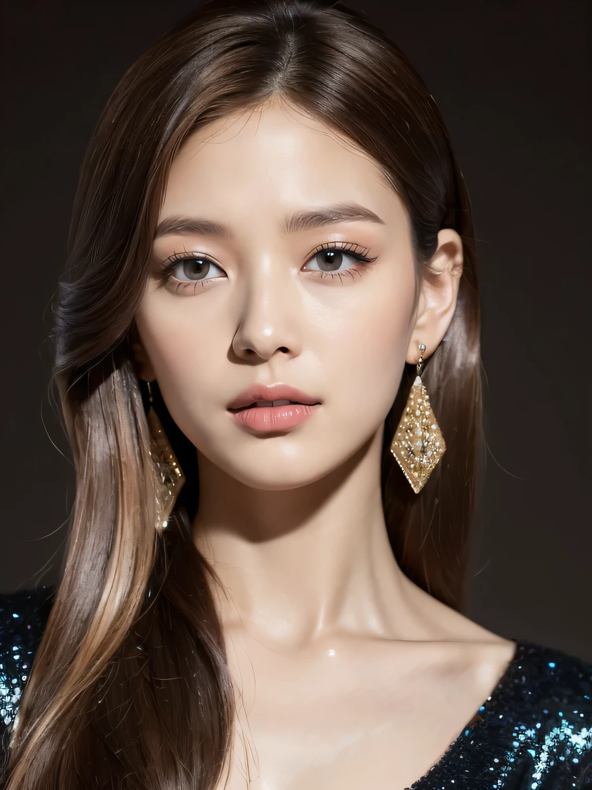 (masterpiece: 1.3), (Maximum resolution: 1.4), (Ultra HDTV: 1.2), Cinema Lights, Ultra HDTV, Detailed eyes and skin, Detailed facial features, High resolution, 8K resolution, Sharp focus, Perfect Style, Beautiful Face, Highly detailed face and skin texture, Fine grain, double eyelid, Thin eyebrows, (Glitter Eyeliner: 1.2), Pale Cheeks, Fair skin:1.2, Shiny little necklace and earrings, Glossy lips: 1.2, (Layered Hairstyles, (Dark brown hair:1.3), Blonde inner hair), Medium Long Hair, break (She's wearing a button-up high school uniform:1.3), (Big Breasts: 1.4), (Cleavage:1.4), ((She is kneeling to me:1.3)), (gyaru's sister:1.2), (A very provocative smile:1.2), (Small beautiful hard nipples:1.2), (Belly button), break ((Cowboy Shot: 1.2)), ((From a very intimate distance: 1.2)), ((Luxurious bedroom at night:1.4)), (Sweaty skin:1.4),
