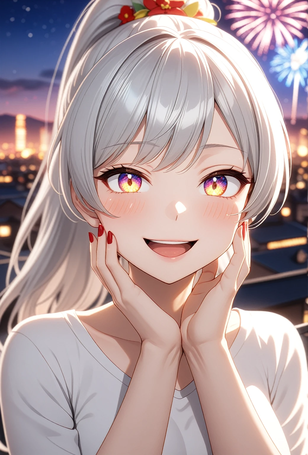 ((one personの女性)), Beautiful Face,Laughing embarrassedly,((Wink:2.0)),Laughing with your mouth open,((Bright red cheeks:1.3)),Glossy pink lips,night,rooftop,firework,((Anime style background)),masterpiece, highest quality, so beautiful, Latest, Complex details, (Pink long nails),(ring),AI-generated, Complex,High resolution, highest quality, super high quality,3D Images、View your viewers、3D Images,one person,Long white hair,High Ponytail,blue eyes,Anime woman posing for a photo, ((Fine grain、Platinum-colored colorful eyes、Shining Eyes:1.3)),(Squint your eyes:1.1),a hyperRealistic , hyperRealistic , Realistic,Anime woman with long and white hair, Smooth anime CG art, A woman in a colorful kimono with gold embroidery, (Black kimono),Red floral pattern,Long flower hair ornament,Big earrings,Mature Body,(Big Breasts:1.1),Tall,Big Ass,Fine details,Narrow waist,Abdominal muscles,Tilt your face,(Face close-up:1.3),(Hold your face in the palms of both hands)