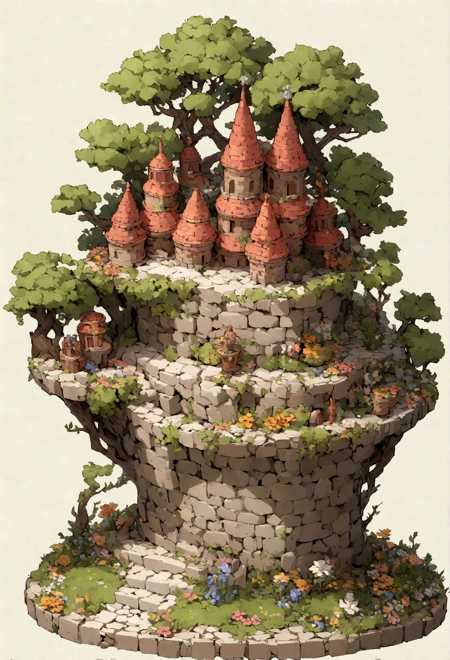 absurdres, best quality, fantasy, isometric, knolling style of (miniature brick round tower:1.2,flower), tree, stone wall, (simple background:1.2),
