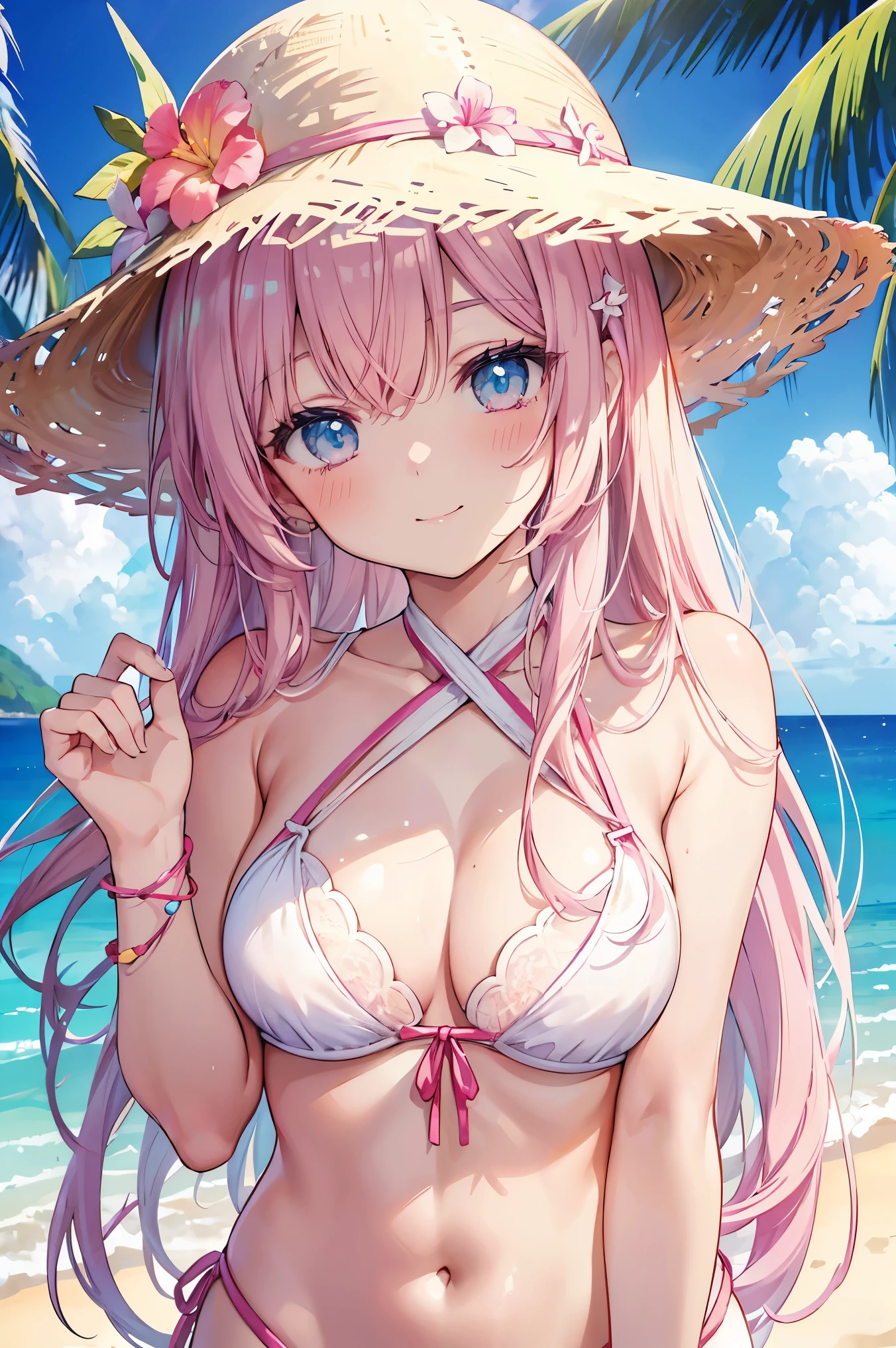 masterpiece, Highest quality, High Resolution, HS1,blush,smile,NSFW、beach、Straw hat、White dress