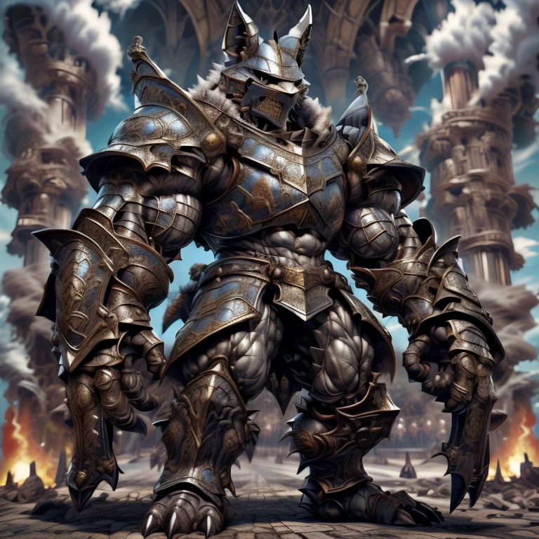 (masterpiece. official art. 8k. best quality. detailed full body. full body.)

(situation 1 : ting LUCARIO. LUCARIO is over 1000 meters long. focus GIANT mechanical Muscular LUCARIO is trampling the city. Looking down. macro. stomp. Low-angle perspective. emphasizing the immense size.)

(situation 2 :smoke and flames rising from the destruction in the city)

(Additional details 1: BlackKnight_fe. Armor. Cape. Helmet. Sword. wearing a full-face helmet. high-tech bio-mecha armor. real texture material. whole body shines like metal. Wearing cyberpunk mecha. emphasizes the muscles. suit fully made oetal. intricate armor. Robotic suit. suit fully made of ml. cyborg. Powered exoskeleton with the same design as LUCARIO). 

(Additional details 2: Detailed head. Detailed Body. Detailed abs. gigantic muscles. HYPER MUSCLES. Gigachad Muscular. big muscle. pecs. triceps. traps. unusu developed muscular body. body full of huge muscles. showing off muscles. pectorales enormes. Exaggeratedly huge muscles. huge muscles. long legs.).

(Additional details 3: NJfurry. lucario wears a long black cloak.The claws are sharp. Sharp teeth. 5 toes.).

(Additional details 4: Mighty commanders with strong abilities and many weapons. It would be no exaggeration to state that this ruler is the strongest knight in the world. Indestructible generals with no weaknesses at all. Absolute masters of all types of combat, even magical. A mysterious general of unknown name and motivations.)