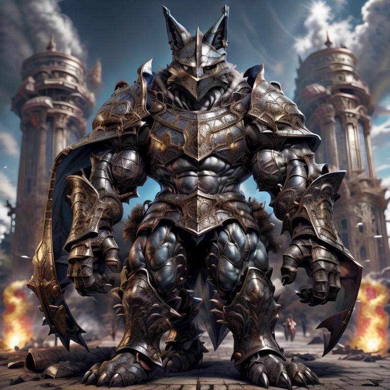 (masterpiece. official art. 8k. best quality. detailed full body. full body.)
(situation 1 : dominating LUCARIO. LUCARIO is over 1000 meters long. focus GIANT mechanical Muscular LUCARIO is trampling the city. Looking down. macro. stomp. Low-angle perspective. emphasizing the immense size.)
(situation 2 :smoke and flames rising from the destruction in the city)
(Additional details 1: BlackKnight_fe. Armor. Cape. Helmet. Sword. wearing a full-face helmet. high-tech bio-mecha armor. real texture material. whole body shines like metal. Wearing cyberpunk mecha. emphasizes the muscles. suit fully made of metal. intricate armor. Robotic suit. suit fully made of metal. cyborg. Powered exoskeleton with the same design as LUCARIO).
(Additional details 2: Detailed head. Detailed Body. Detailed abs. gigantic muscles. HYPER MUSCLES. Gigachad Muscular. big muscle. pecs. triceps. traps. unusually developed muscular body. body full of huge muscles. showing off muscles. pectorales enormes. Exaggeratedly huge muscles. huge muscles. long legs.).
(Additional details 3: NJfurry. lucario wears a long black cloak.The claws are sharp. Sharp teeth. 5 toes.).
(Additional details 4: Mighty commanders with strong abilities and many weapons. It would be no exaggeration to state that this ruler is the strongest knight in the world. Indestructible generals with no weaknesses at all. Absolute masters of all types of combat, even magical. A mysterious general of unknown name and motivations.)