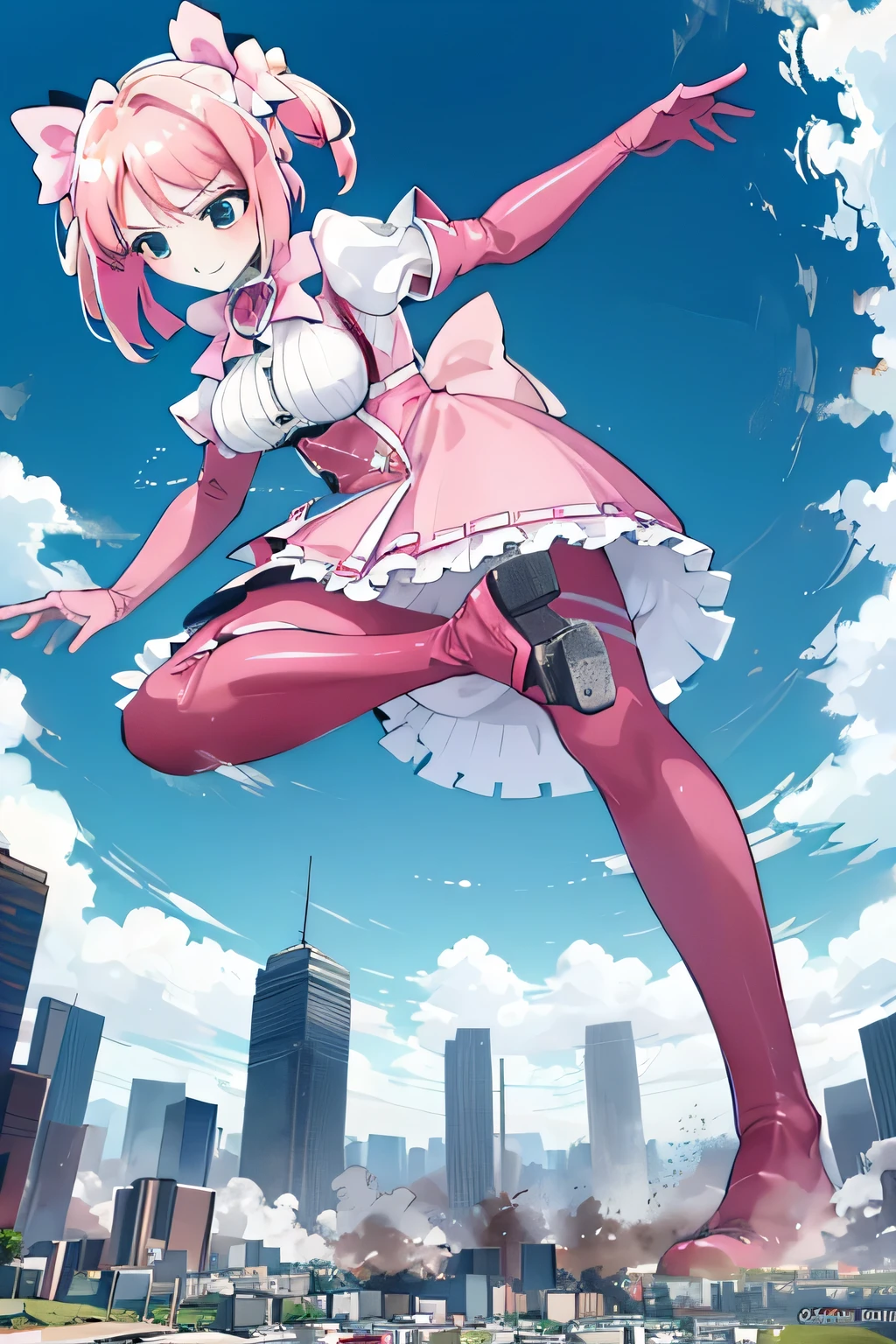 giantess art, highly detailed giantess shots, giantess, Two legs, Five fingers, short hair, A beautiful girl who is bigger than a skyscraper, Wearing rimless glasses, smile, Big Breasts, pink dress, bow, magical girl, pink gloves, pink pantyhose, no shoes on, toes visible through pantyhose, Steam coming out from the soles of my feet, Destroying cities, A very small big city, Miniature metropolis, Full body description, GTS, giga giantess, stomping city, crash city, tiny city, micro city, pantyhose feet, High resolution, highest quality, masterpiece, 