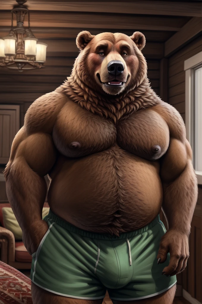 hi res, russian bear, anthro, 4 fingers, blurred background, middle aged mature male in early 40's, chubby, chubby anthro, chubby male, tail, standing in living room of very realistic very detailed very accurate russian dacha house, solo, detailed background, by dramamine, by nanoff, by minedoo, by dream_and_nightmare, by horrorbuns, very fluffy detailed multi tone bear fur, full body view, realistic bear fur pattern, colors, and markings, very calm very happy face, very calm casual happy pose, scruffy, frontal view, fully front facing view, russian, slavic, eastern european, very realistic very tall very fat and chubby very sexy stocky muscular body, dad bod, dilf, open mouth, showing teeth, detailed medium sized nipples, nipple tips and areolas, open eyes, pupils, summer, nude male, high quality, masterpiece, perked up ears, very hairy hirsute body, facing viewer, looking at viewer, smiling, smiling at viewer, without text, indoors, closeup, dark nipples, detailed huge pecs and moobs, realistic detailed slightly big belly, very realistic body proportions, very tough and manly, detailed bear teeth, high angle shot, bottomwear, wearing detailed black track shorts, realistic belly overhang, happy trail, hdr, 8k,