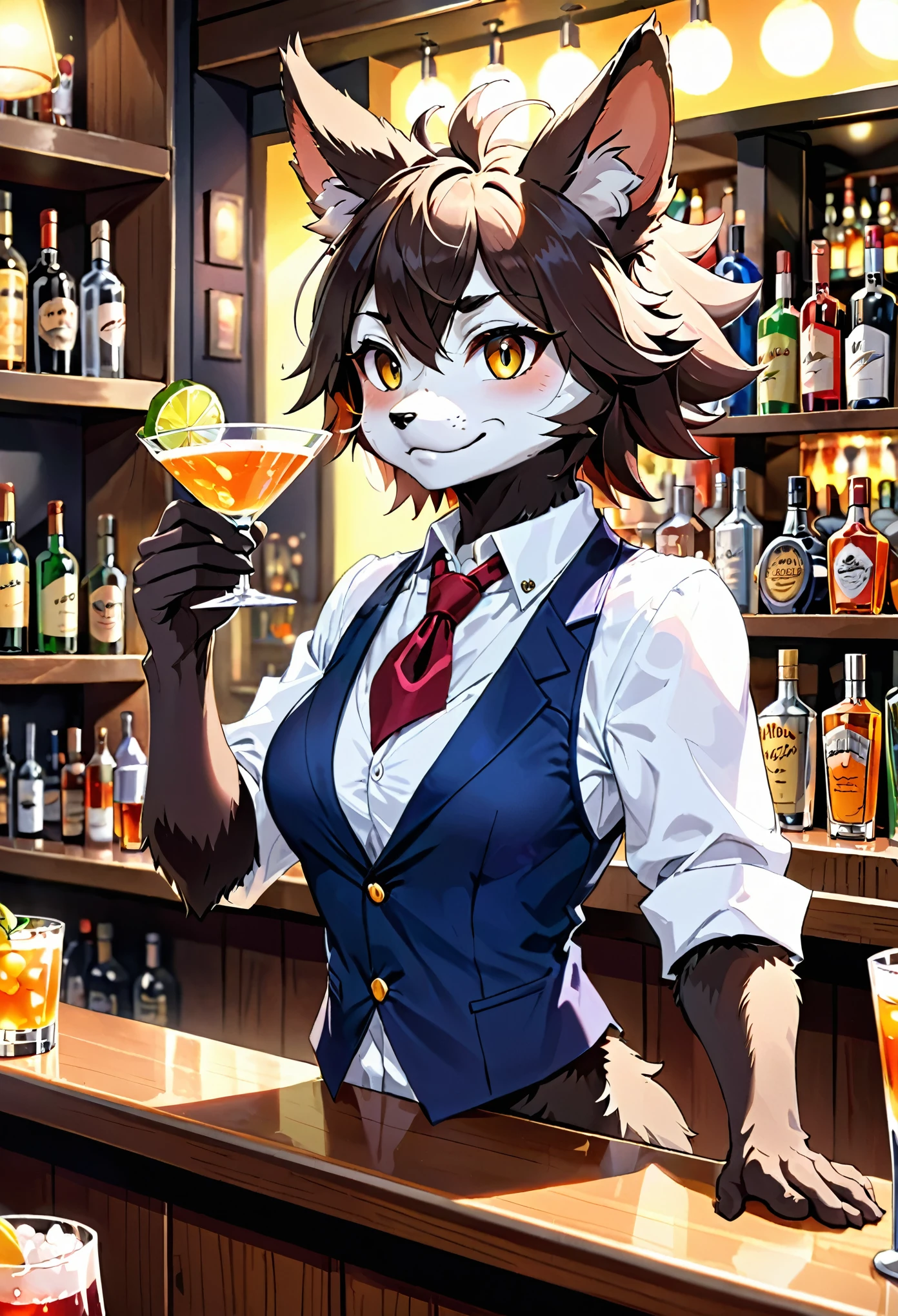 top quality, best quality, High-quality illustrations, masterpiece, super high resolution, detailed background, bartender, bar, cocktail, absurdres, perfect anatomy, expression, good lighting, cinematic shadow(kemono, furry anthro)dynamic angle,