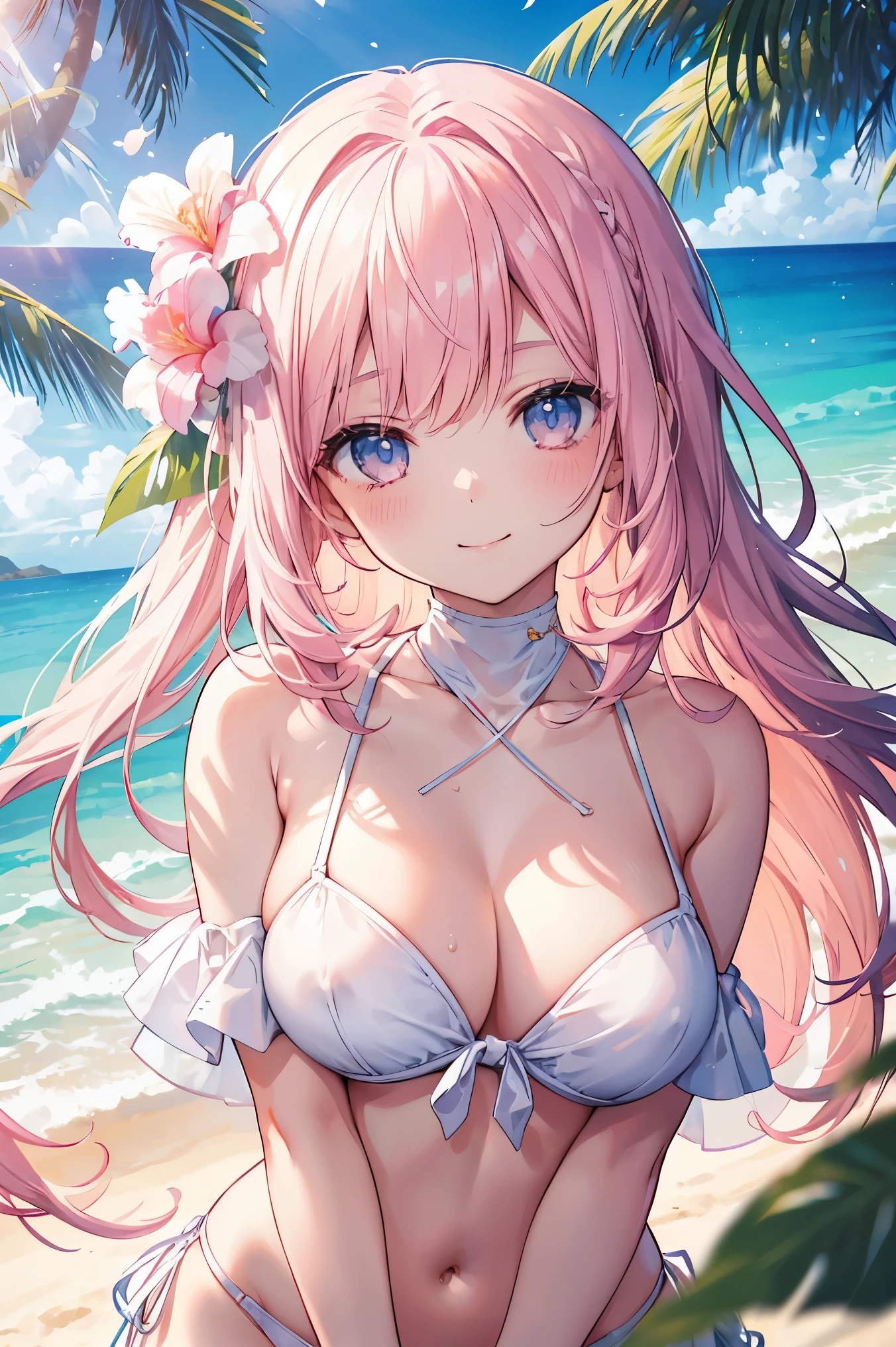 girl、r Woman、highest quality、adopt、Detailed face、Pink Long Hair、Smile lightly,Southland、Tropical white sand beach,Esbian all over、White Bikini、Detailed Background、Diffused sunlight、Depth of written boundary、Bokeh,Dutch Angle