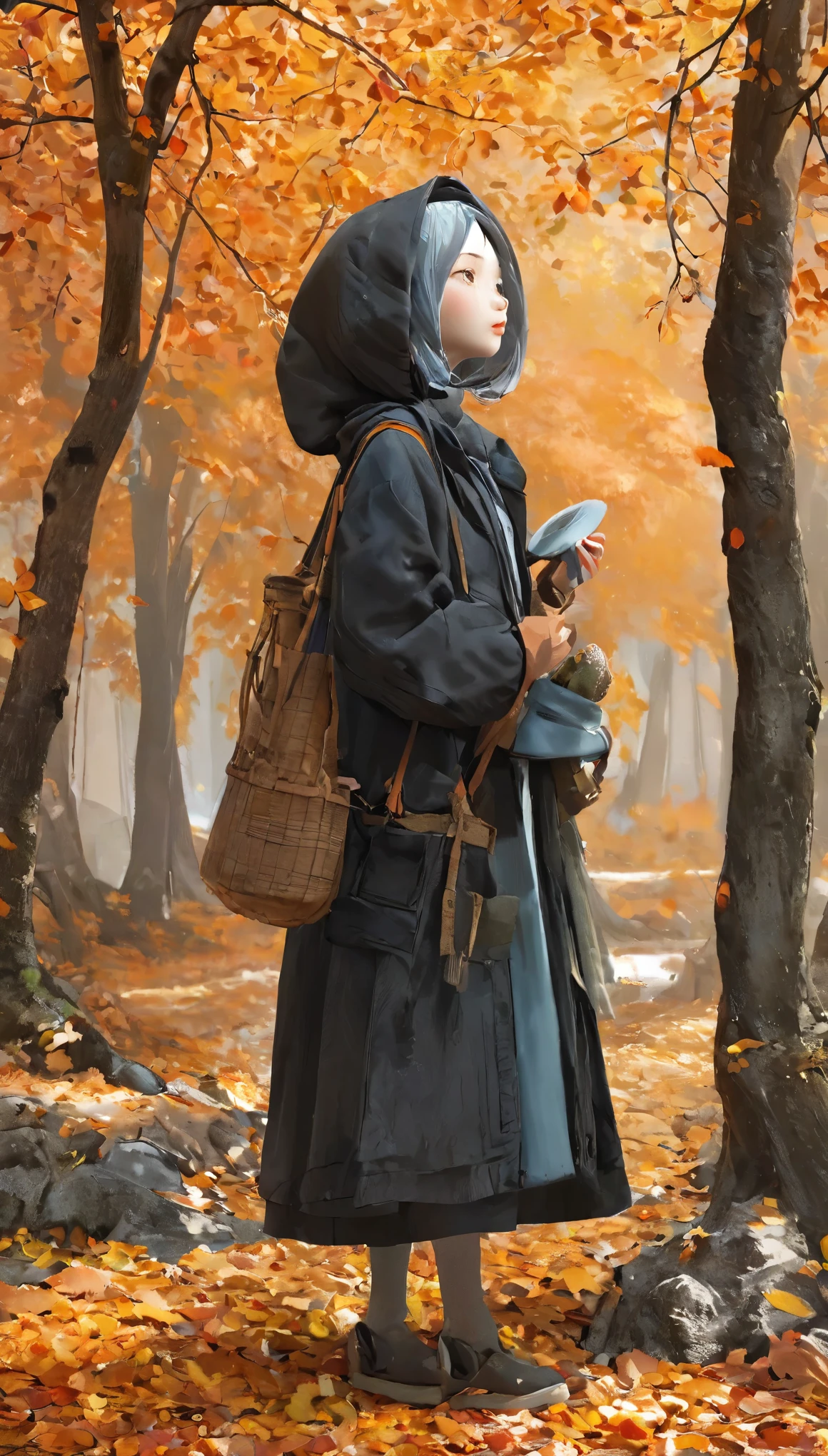 girl, Surreal art,Drunk woman、Shortcuts、Natural color clothes、Natural look、mineral pigments, 3D Clay sculpture art, Clay sculpture, Rough surface, (slope,slope background,Jet black background,Eat food,alone,Are standing),highest quality、Super detailed、High quality details、８ｋ、autumn leaves:1.5、deep autumn forest、Sunlight filtering through the trees、silence