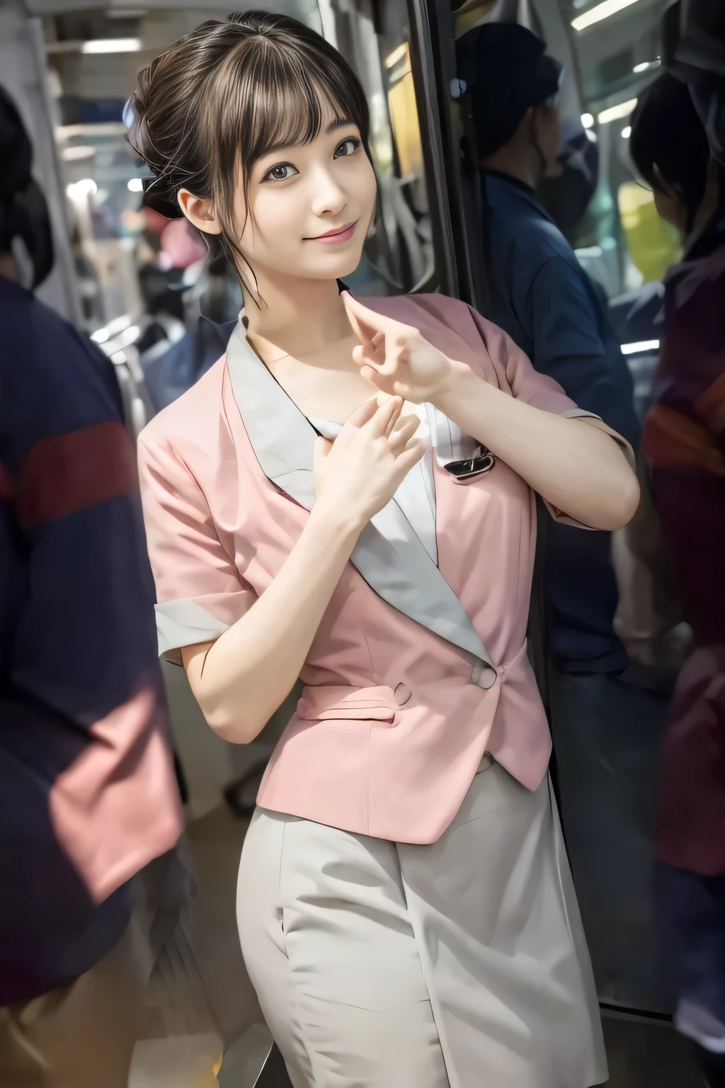 (masterpiece:1.2, highest quality:1.2), 32K HDR, High resolution, (alone、1 girl)、(On the rooftop of a building in the daytime、Professional Lighting)、Building rooftop background、(Nankai train crew uniform pinkを着たリアルスタイル)、(Nankai train crew uniform pink short sleeve pink jacket、Nankai Train Crew Uniform Pink Collarless Short Sleeve Blouse、Nankai Train crew uniform pinkのグレー色のキュロットスカート)、Dark brown hair、(Hair tied up、Hair Bun、Hair Bun)、Dark brown hair、Long Shot、Big Breasts、Thin legs、((Great hands:2.0)),((Harmonious body proportions:1.5)),((Normal limbs:2.0)),((Normal finger:2.0)),((Delicate eyes:2.0)),((Normal eyes:2.0)))、smile、(Nankai Train crew uniform pinkのグレー色のキュロットスカートを見せた美しい歩く姿)、Keep your hands natural