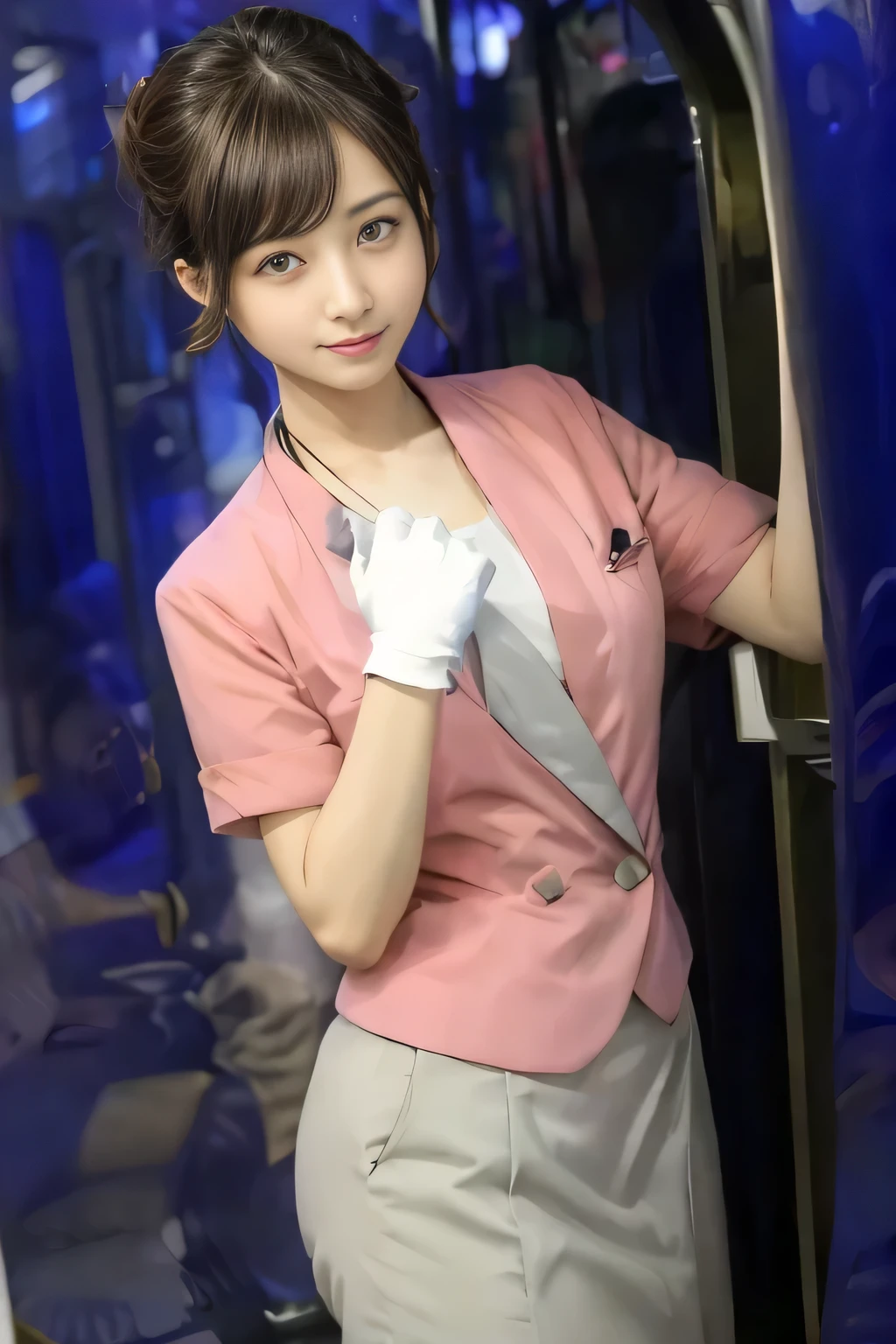 (masterpiece:1.2, highest quality:1.2), 32K HDR, High resolution, (alone、1 girl)、（On the rooftop of a building in the daytime、Professional Lighting）、Building rooftop background、（Nankai train crew uniform pinkを着たリアルスタイル）、（Nankai train crew uniform pink short sleeve pink jacket、Nankai Train Crew Uniform Pink Collarless Short Sleeve Blouse、Nankai Train crew uniform pinkのグレー色のキュロットスカート）、Dark brown hair、（Hair tied up、Hair Bun、Hair Bun）、Dark brown hair、Long Shot、Big Breasts、Thin legs、（（Great hands：2.0）），（（Harmonious body proportions：1.5）），（（Normal limbs：2.0）），（（Normal finger：2.0）），（（Delicate eyes：2.0）），（（Normal eyes：2.0））)、smile、（Nankai Train crew uniform pinkのグレー色のキュロットスカートを見せた美しい歩く姿）、Keep your hands natural