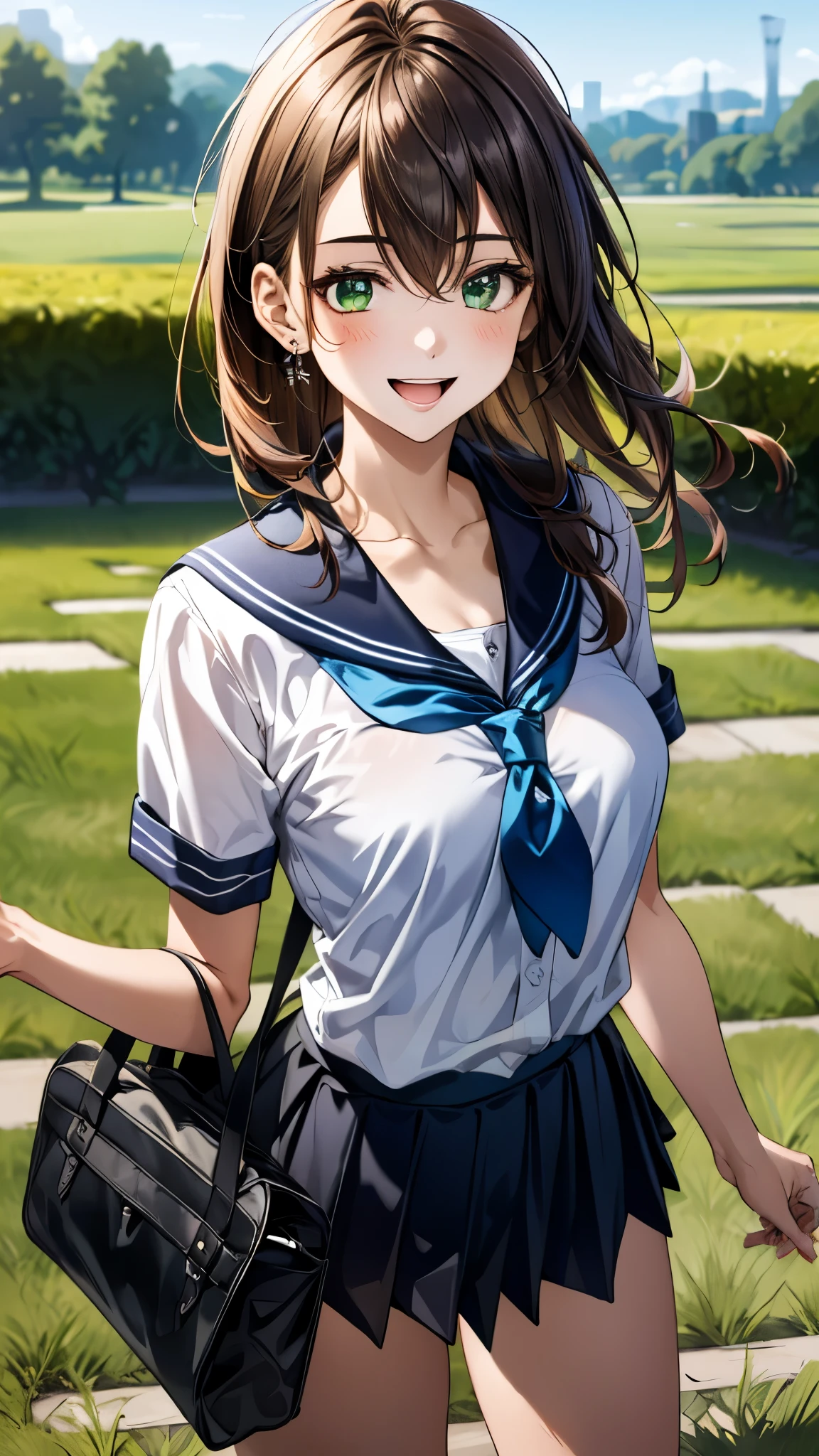 (masterpiece:1.3, top-quality, ultra high res, ultra detailed), (realistic, photorealistic:1.4), beautiful illustration, perfect lighting, colorful, depth of fields,
beautiful detailed hair, beautiful detailed face, beautiful detailed eyes, beautiful clavicle, beautiful body, beautiful chest, beautiful thigh, beautiful legs, beautiful fingers,
looking at viewer, 1 girl, high school girl, perfect face, (perfect anatomy, anatomically correct), cute and symmetrical face, babyface, , shiny skin,
(long hair:1.5, straight hair:1.6, rosy brown hair), asymmetrical bangs, hair between eyes, emerald green eyes, long eye lasher, (medium breasts), slender,
(detailed cloth texture), short sleeve, blue sailor suit, pleated skirt, red sailor scarf, school bug,
(beautiful scenery), summer, afternoon, (riverside:1.2, grass), walking, (waving), (smile, half-open mouth),