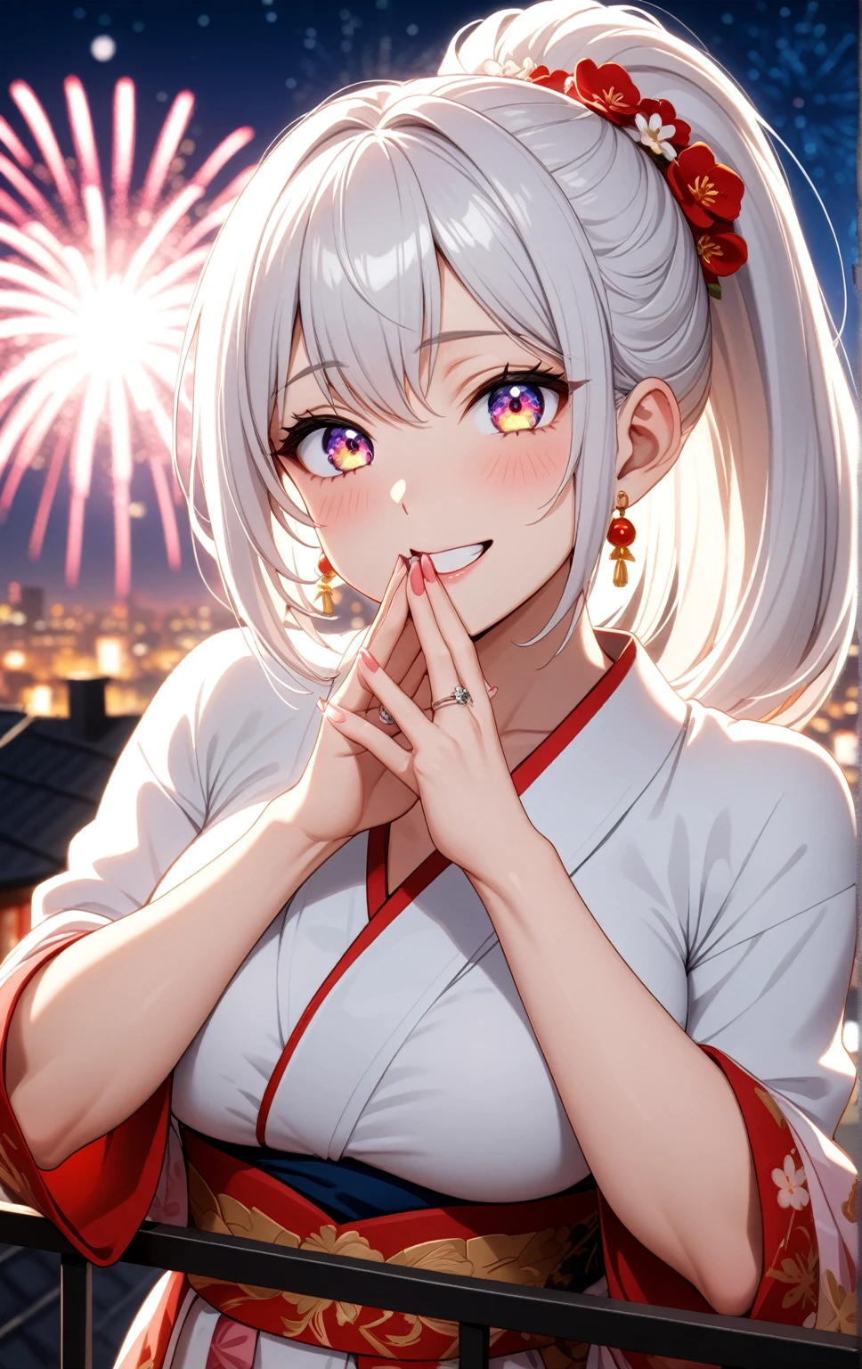 ((one personの女性)), Beautiful Face,Laughing embarrassedly,Laughing with your mouth open,(Bright red cheeks),Glossy pink lips,night,rooftop,firework,((Anime style background)),masterpiece, highest quality, so beautiful, Latest, Complex details, (Pink long nails),(ring),AI-generated, Complex,High resolution, highest quality, super high quality,3D Images、View your viewers、3D Images,one person,Long white hair,High Ponytail,blue eyes,Anime woman posing for a photo, ((Fine grain、Platinum colorful eyes、Shining Eyes:1.3)),(Squint your eyes:1.1),a hyperRealistic , hyperRealistic , Realistic,Anime woman with long and white hair, Smooth anime CG art, A woman in a colorful kimono with gold embroidery, (White kimono),Red floral pattern,Long flower hair ornament,Big earrings,Mature Body,(Big Breasts:1.1),Tall,Big Ass,Fine details,Narrow waist,Abdominal muscles,(Face close-up:1.1),(clasping their hands in front of their mouth with a delighted expression),
