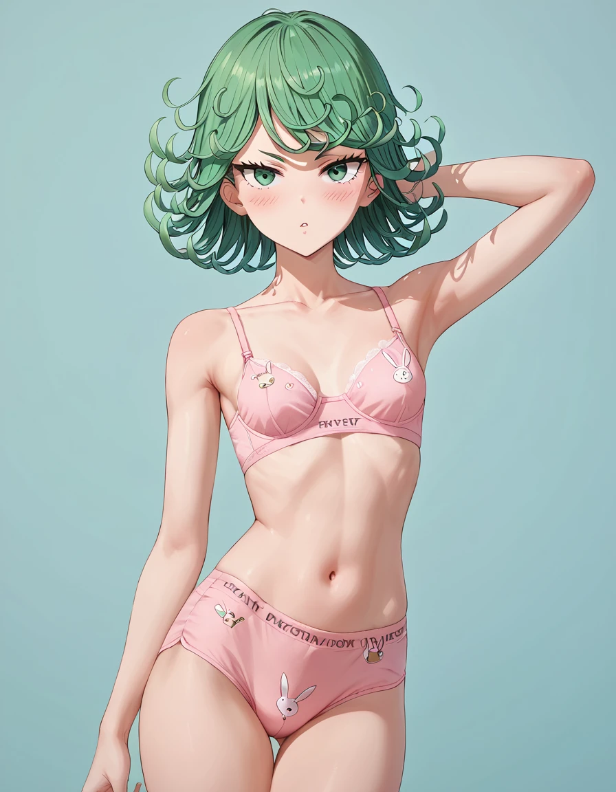 score_9, score_8_up, score_7_up, score_6_up, source_anime, highres, masterpiece, best quality, intricate details, detailed face, looking at viewer, 1girl, tatsumaki from one punch man, solo focus, green hair, green eyes, slender female, sexy, pink bra, pink underwear, bunny print, small breasts, hetero, simple background,
