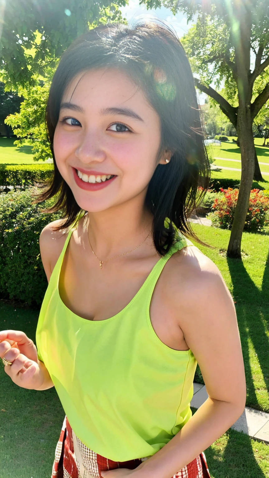 Very beautiful Japanese women、cute:1.5,21 years old、Big eyes、Attractive eyes、university student、topless:2.0,Nipples are visible:2.0,White pleated skirt:1.5、topless:2.0,small,Sunny day in the university gardens、Are standing、Looking into the camera:1.5、Smile 1.3、healthy、White skin、light makeup、whole body、small乳首、