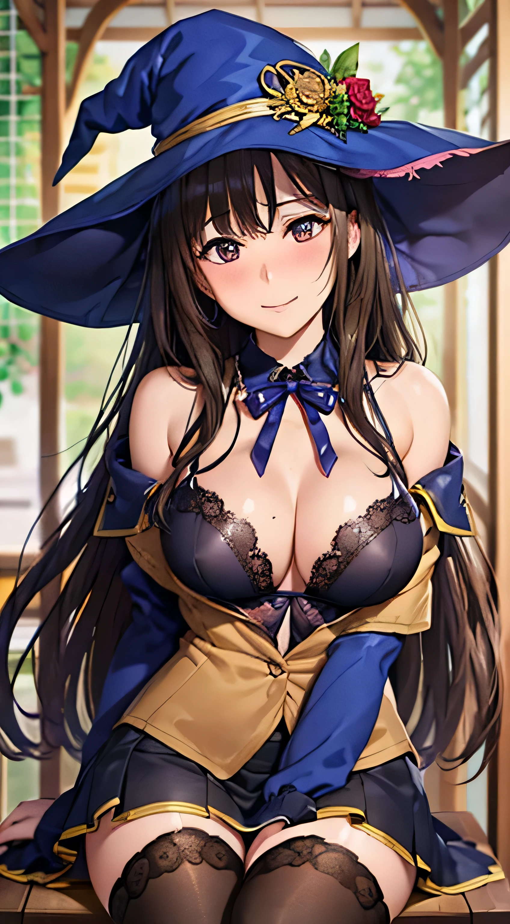 ((Tabletop, highest quality, High resolution, , Pixel Perfect, 4K, ))), Beautiful woman,, alone, beauty、The whole body is visible、 (((Sexy Witch Cosplay), Long dark blonde wavy hair、Off-the-shoulder jacket,　Dark blue flared skirt、Witch Hat、 bangs,、Black knee-high stockings、)), ((Brown eyes, Beautiful eyelashes, Realistic eyes)), ((Detailed face, Blushing:1.2)), ((Smooth texture:0.75, Realistic texture:0.65, Realistic:1.1, Anime CG Style)), Center of chest, Dynamic Angle, Perfect body, ((No bra、I can see all my 、Nipples are slightly visible, Pink lace panties)), 、Sit on a chair、、、Very embarrassing panic smile, 、Castle Town Square、( 、、、、)、Angle from below