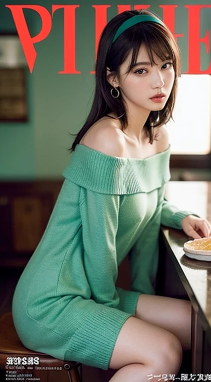 (small breasts:1.3), (perky chest:1.1), (pointed chest:1.0), (fashion magazine cover:1.3),(from below:1.0),(from side:0.9),masterpiece, 1girl, Amazing Cleavage:1.1, thin waist, big ass, Raised sexy, small breast: 1.3, posed cleavage:1.2、solo, looking at viewer, open mouth, have a cute grass of cute beergrass,black hair, dark green eyes, dress, bare shoulders, jewelry, collarbone, sidelocks, hairband, earrings, indoors, off shoulder, :o, sweater, arms behind back, plant, short hair with long locks, gild hairband, off-shoulder dress, sweater dress, off-shoulder sweater, red sweater, dark gord hair, big side hair, very long side hair,is rendered in (masterpiece: 1.2, best quality), with (ultra high resolution) and an exquisite (depth of field). This masterpiece is not only visually stunning but also tells,A scene of cooking in the kitchen by classroom