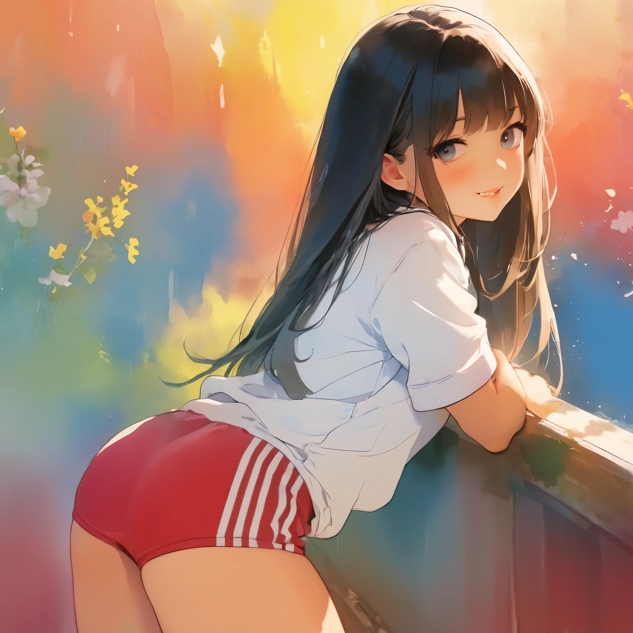 ((On all fours))(Infant )(Licking fingers、)Ahegao、Butt Emphasis、彼女は足を広げてデニム短パンのButt Emphasisする、、See through、Turn to me、Realistic、(8 year old girl with long curly hair)、Close-up from the ground、(Summer camp in the mountains)、(In the tent)Butt Emphasis、Dark pink tan check shorts、Tight Berry Short Mini Skirt