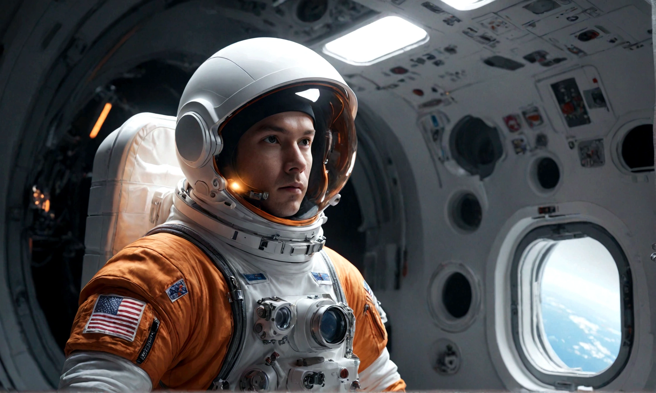 The astronaut is a 30-year-old man.., white and orange metallic clothing, cinematic, picture 촬영, half backlight, back light, dramatic lighting , incandescent light, soft lighting, Incredibly detailed and complex, hyper maximalist, Art, elegant pose, dynamic, picture, volume , very detailed, intricate details, Gwise의 very detailed 걸작, future environment