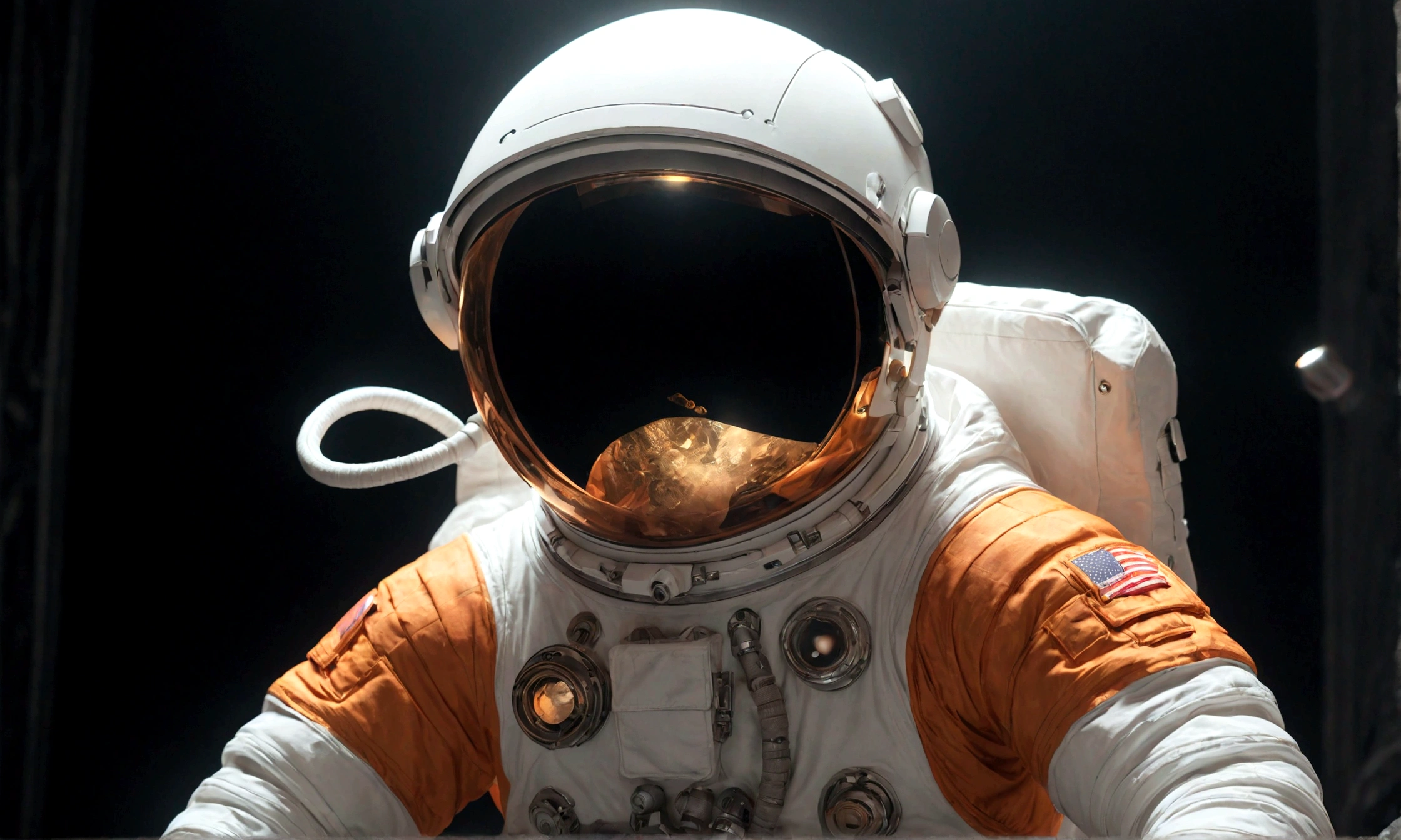 The astronaut is a 30-year-old man.., white and orange metallic clothing, cinematic, picture 촬영, half backlight, back light, dramatic lighting , incandescent light, soft lighting, Incredibly detailed and complex, hyper maximalist, Art, elegant pose, dynamic, picture, volume , very detailed, intricate details, Gwise의 very detailed 걸작, future environment